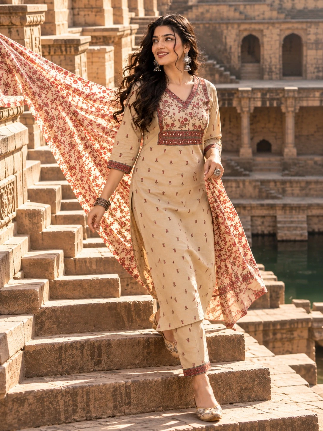 Beige Floral Print Mirror & Sequin Work Pure Cotton Kurta Pant Set with Dupatta — view 2