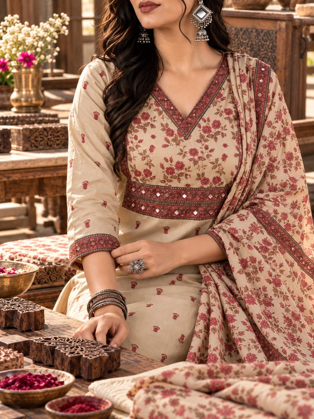 Beige Floral Print Mirror & Sequin Work Pure Cotton Kurta Pant Set with Dupatta — view 3