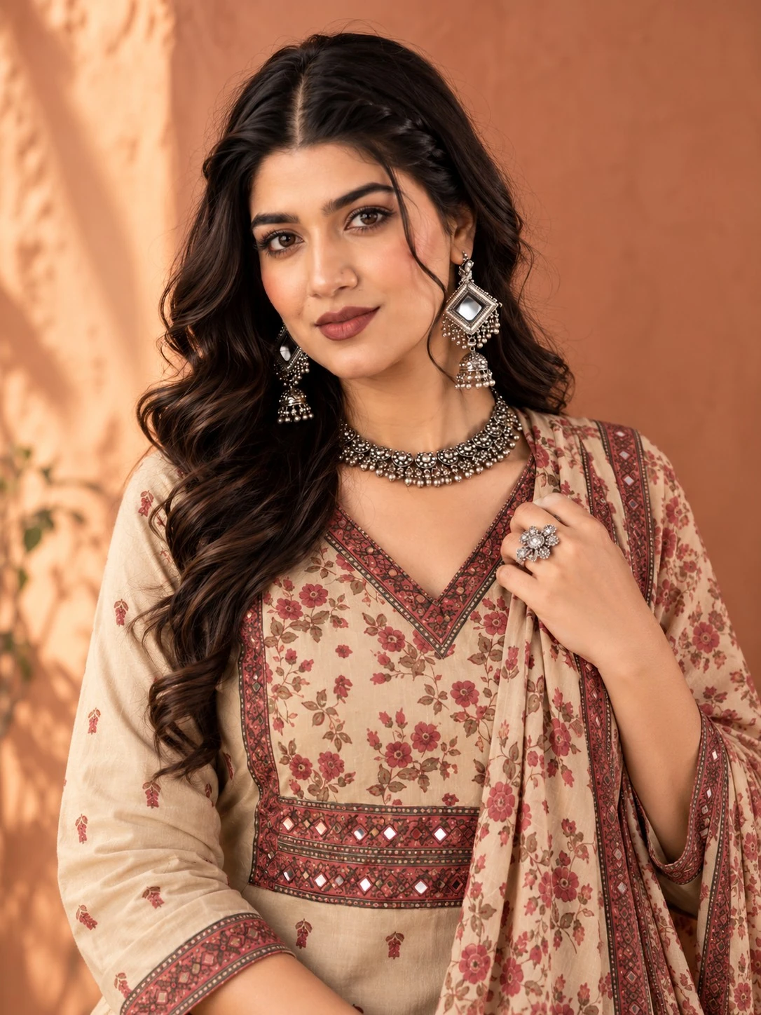 Beige Floral Print Mirror & Sequin Work Pure Cotton Kurta Pant Set with Dupatta — view 5