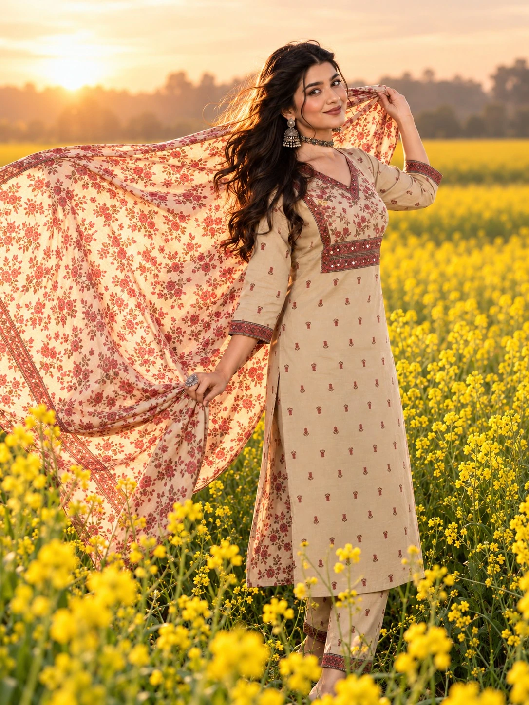 Beige Floral Print Mirror & Sequin Work Pure Cotton Kurta Pant Set with Dupatta — view 6