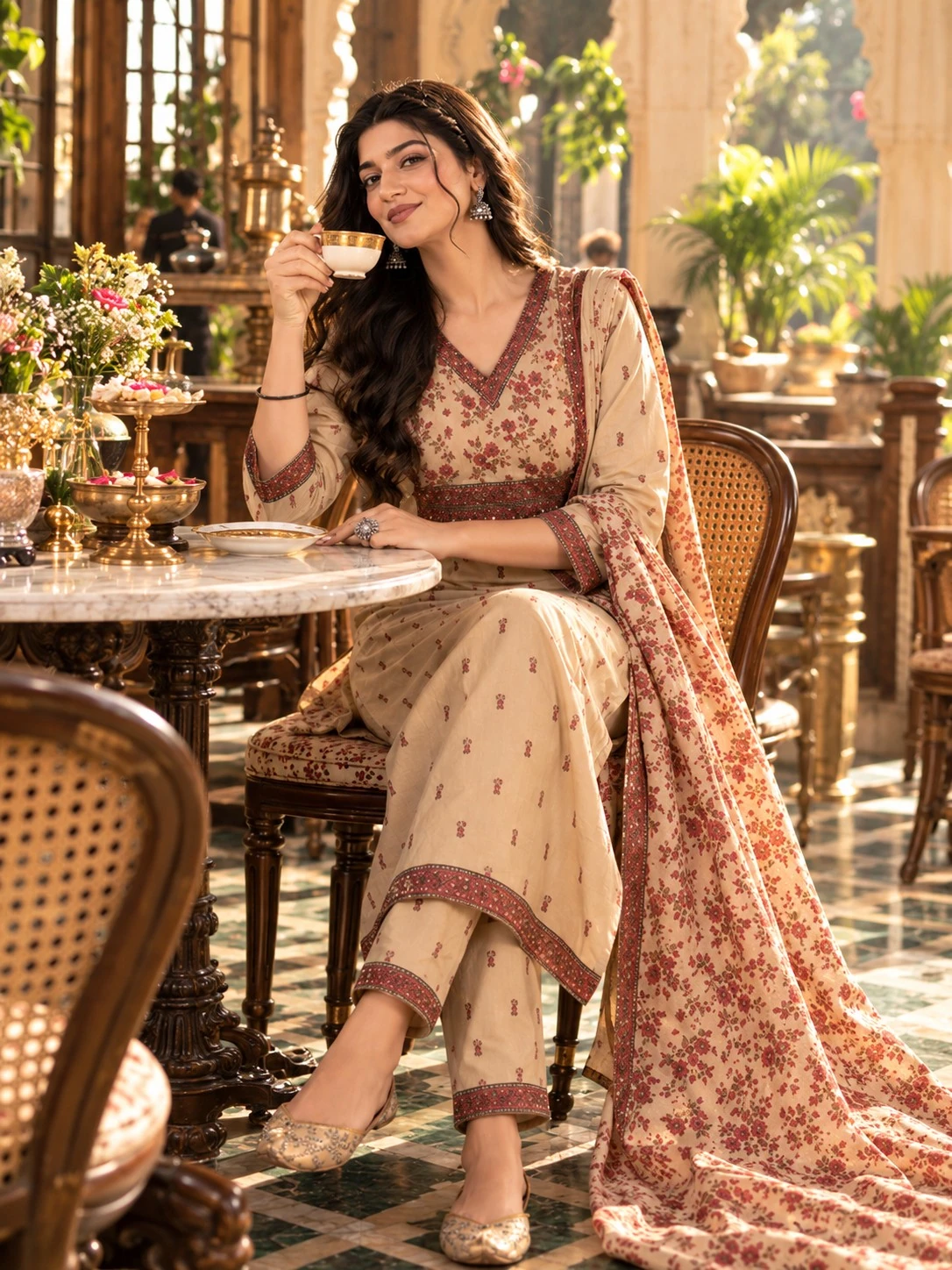 Beige Floral Print Mirror & Sequin Work Pure Cotton Kurta Pant Set with Dupatta — view 7