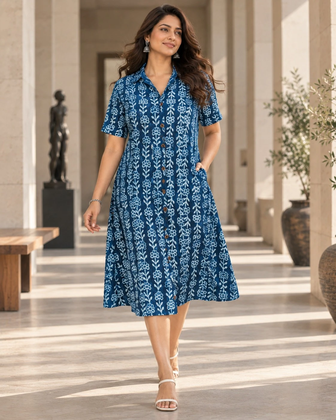 Indiego Blue Floral Print Pure Cotton Shirt Dress — view 2