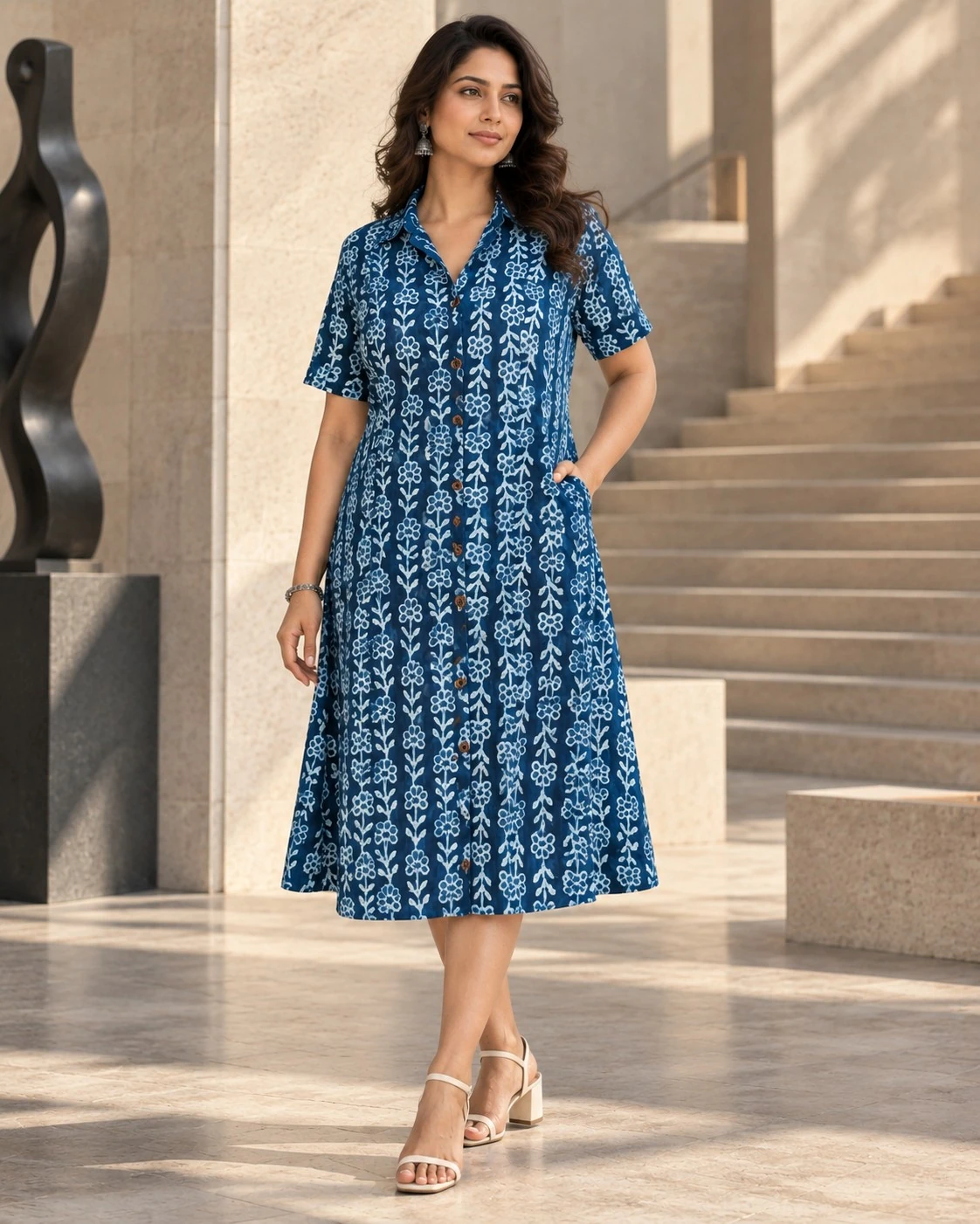 Indiego Blue Floral Print Pure Cotton Shirt Dress — view 3