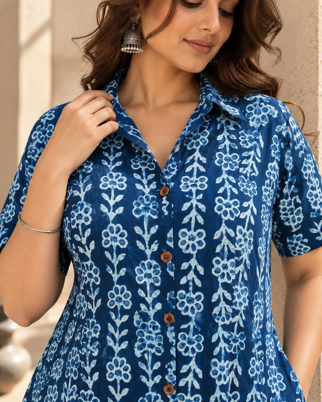 Indiego Blue Floral Print Pure Cotton Shirt Dress — view 4