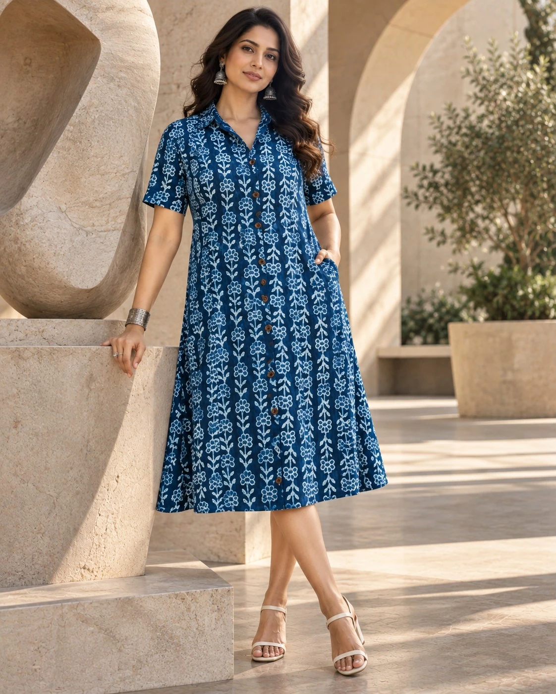 Indiego Blue Floral Print Pure Cotton Shirt Dress — view 5