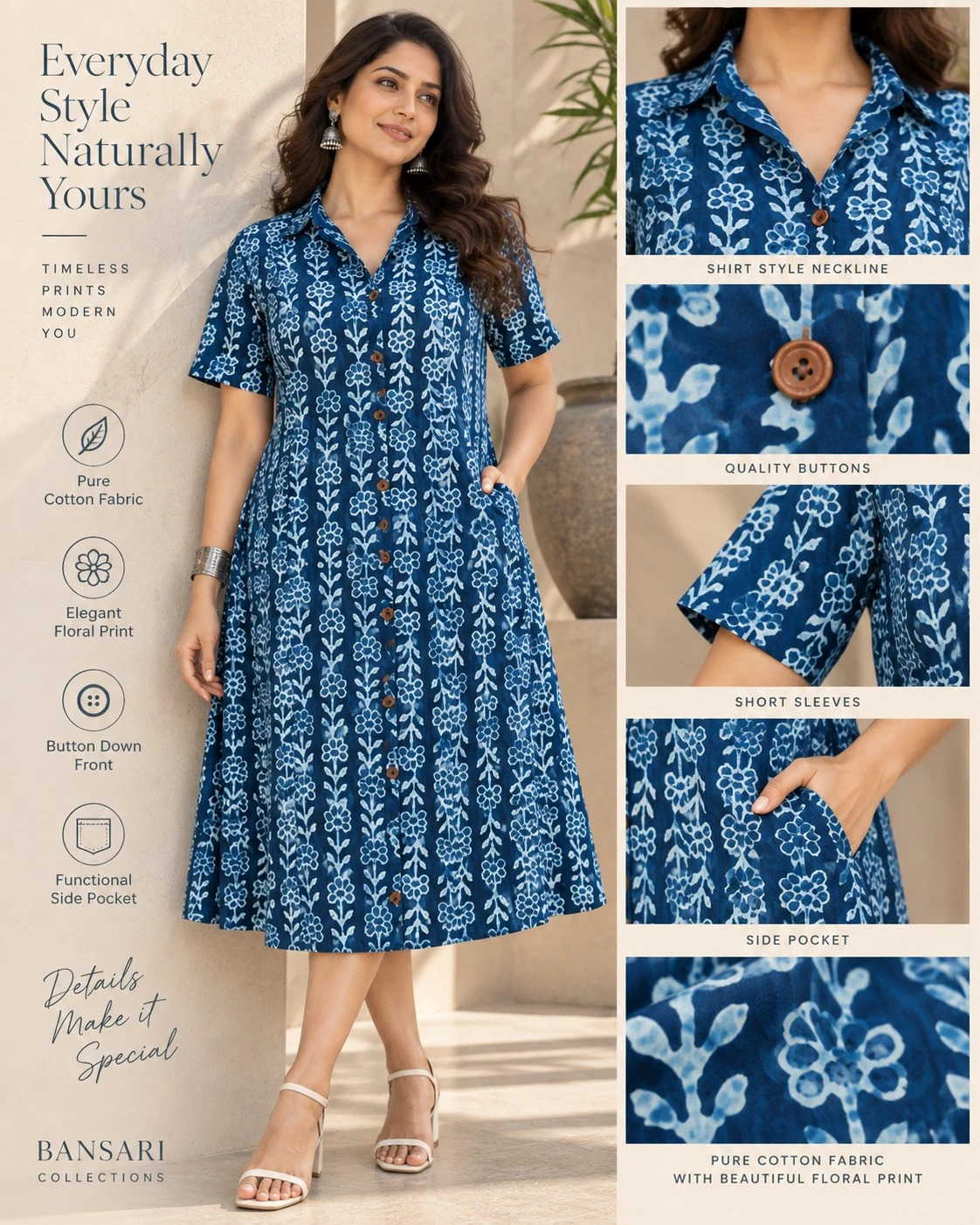 Indiego Blue Floral Print Pure Cotton Shirt Dress — view 6