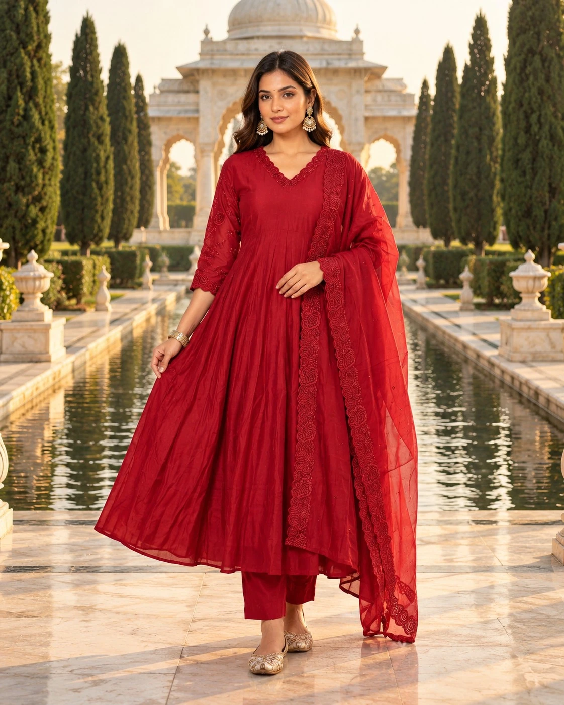 Red Cutwork Embroidered Mulchandri Anarkali Kurta Set with Pants and Dupatta