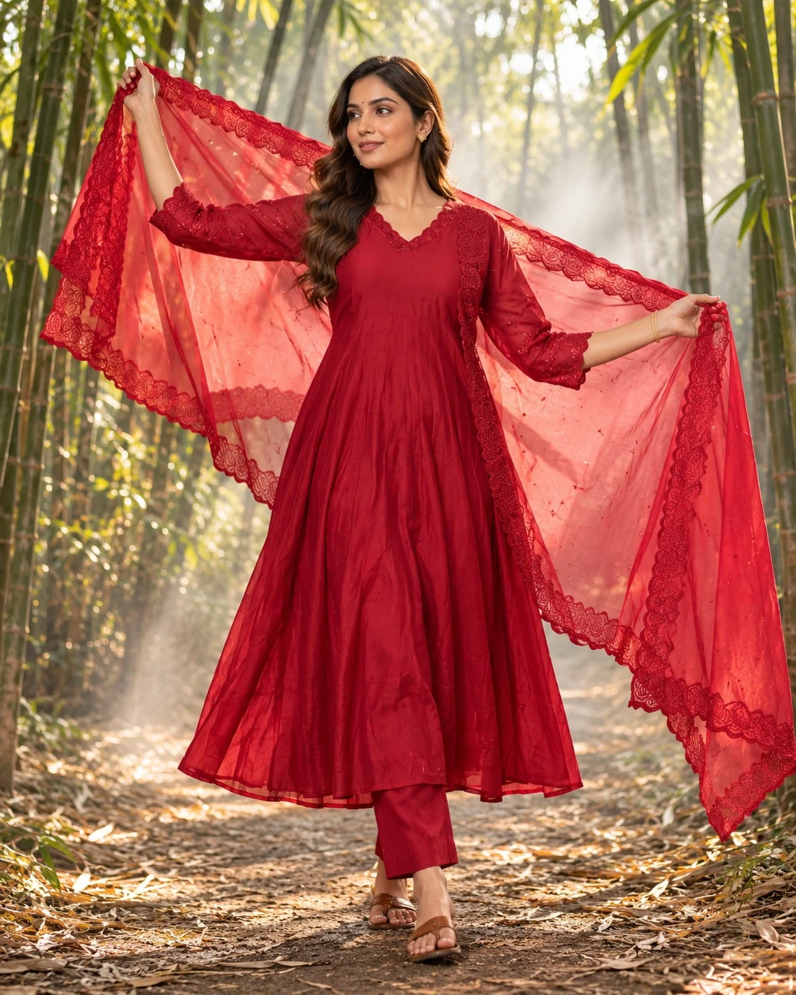 Red Cutwork Embroidered Mulchandri Anarkali Kurta Set with Pants and Dupatta — view 2