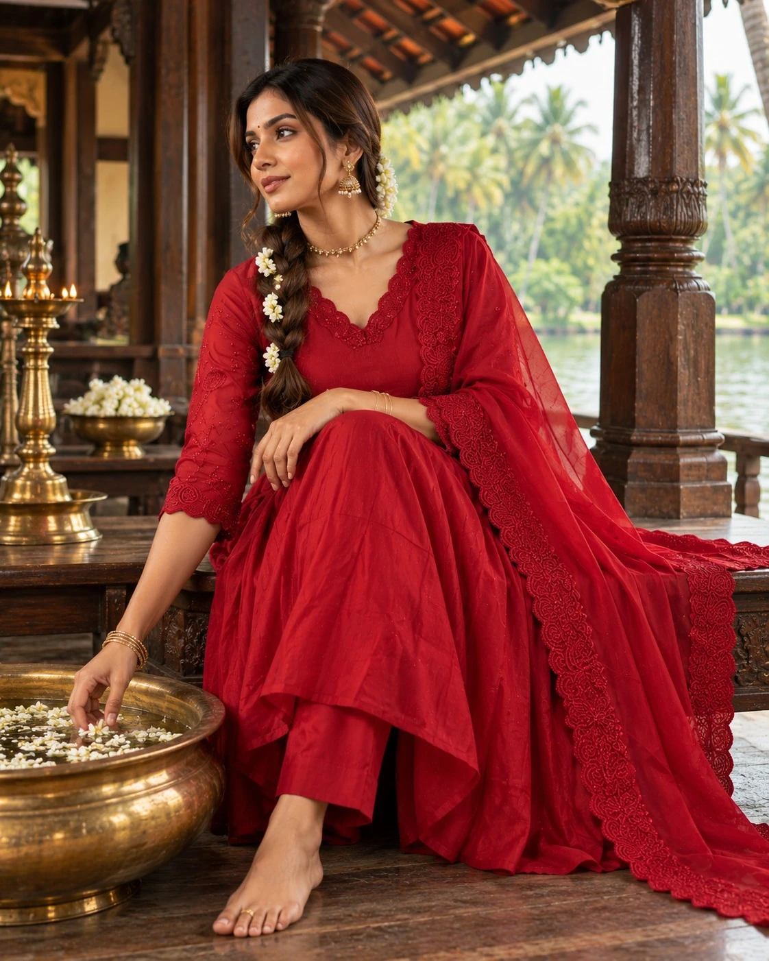 Red Cutwork Embroidered Mulchandri Anarkali Kurta Set with Pants and Dupatta — view 3