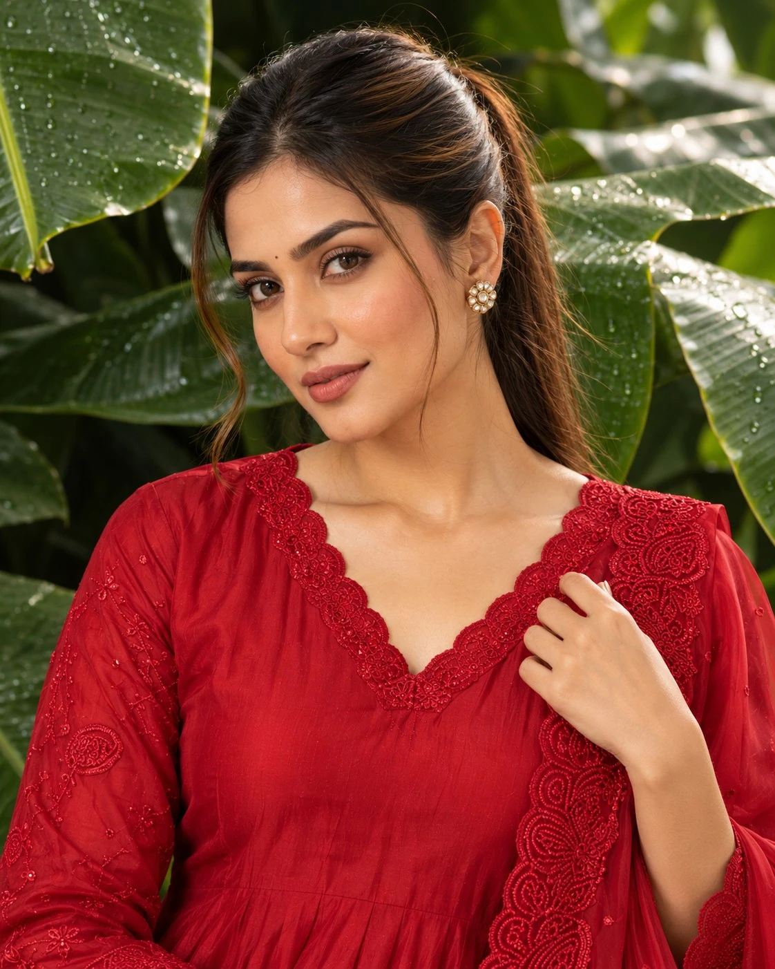 Red Cutwork Embroidered Mulchandri Anarkali Kurta Set with Pants and Dupatta — view 4