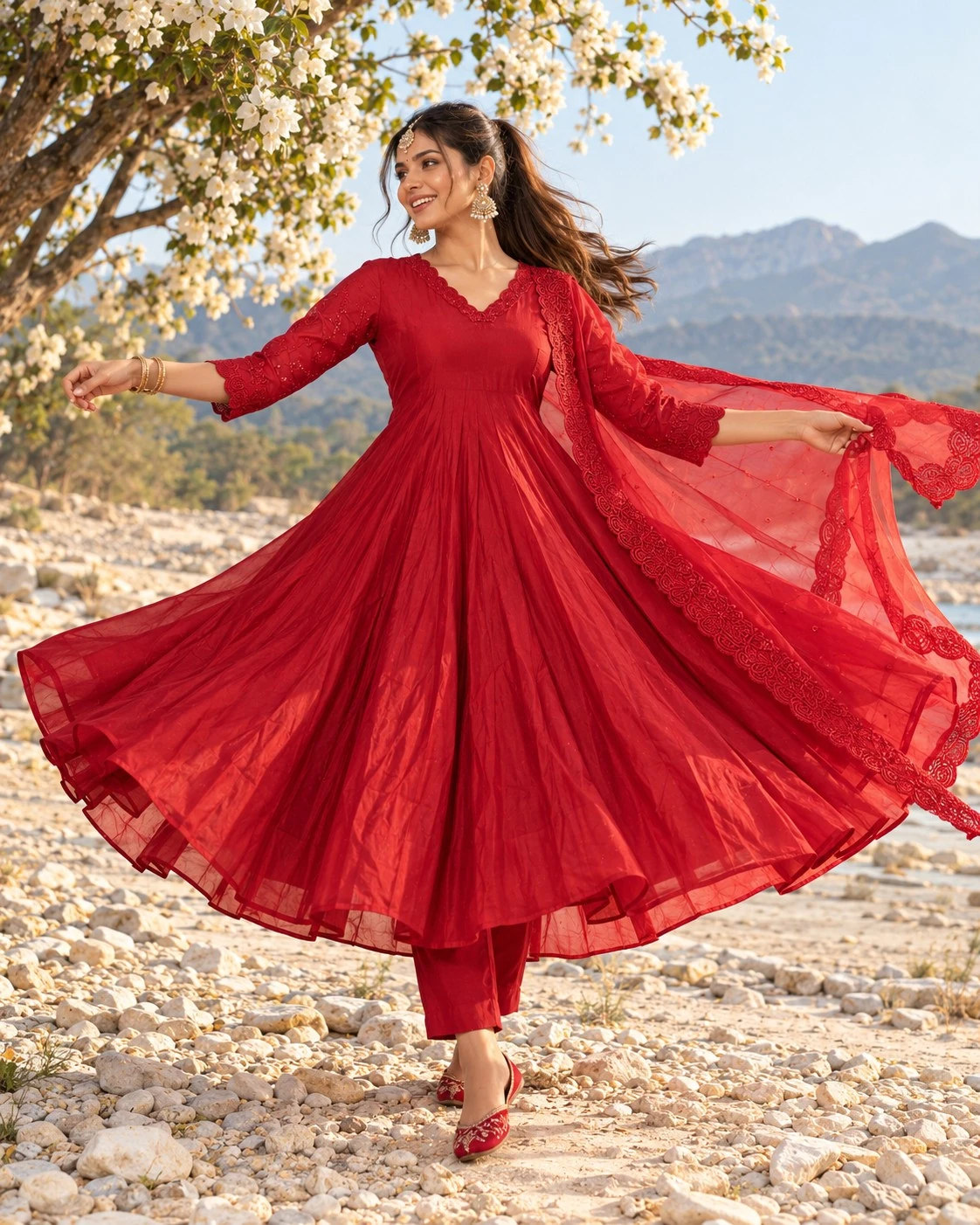 Red Cutwork Embroidered Mulchandri Anarkali Kurta Set with Pants and Dupatta — view 5