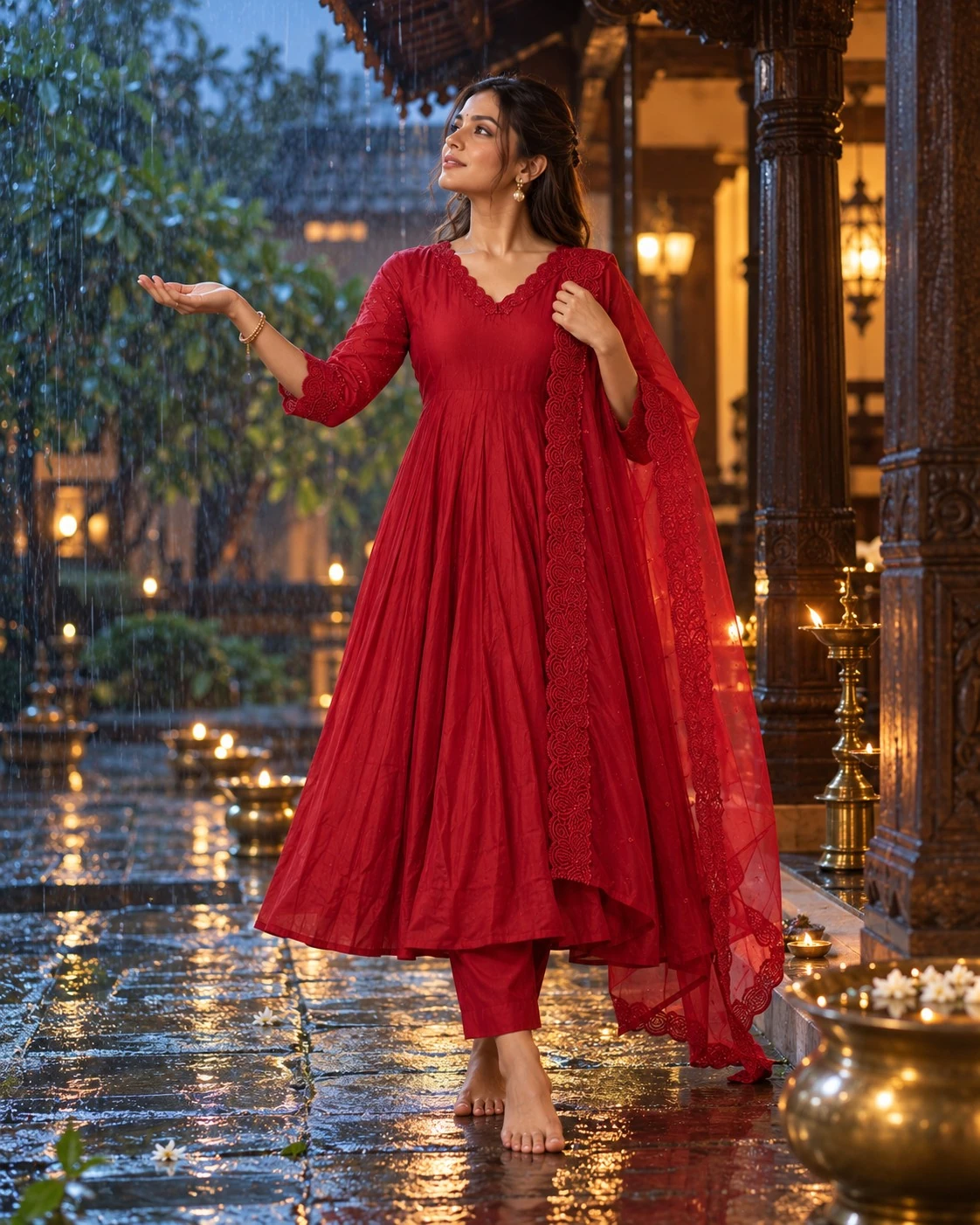 Red Cutwork Embroidered Mulchandri Anarkali Kurta Set with Pants and Dupatta — view 6