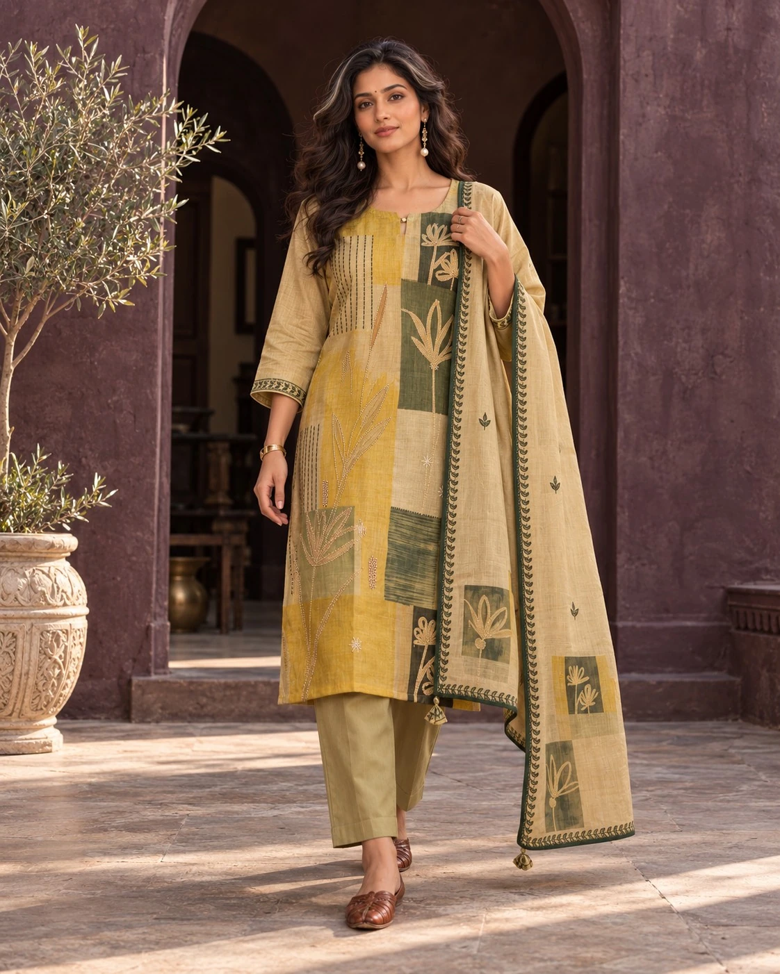 Mustard Colorblock Botanical Embroidered Pure Linen Kurta Set with Pants and Dupatta — view 3
