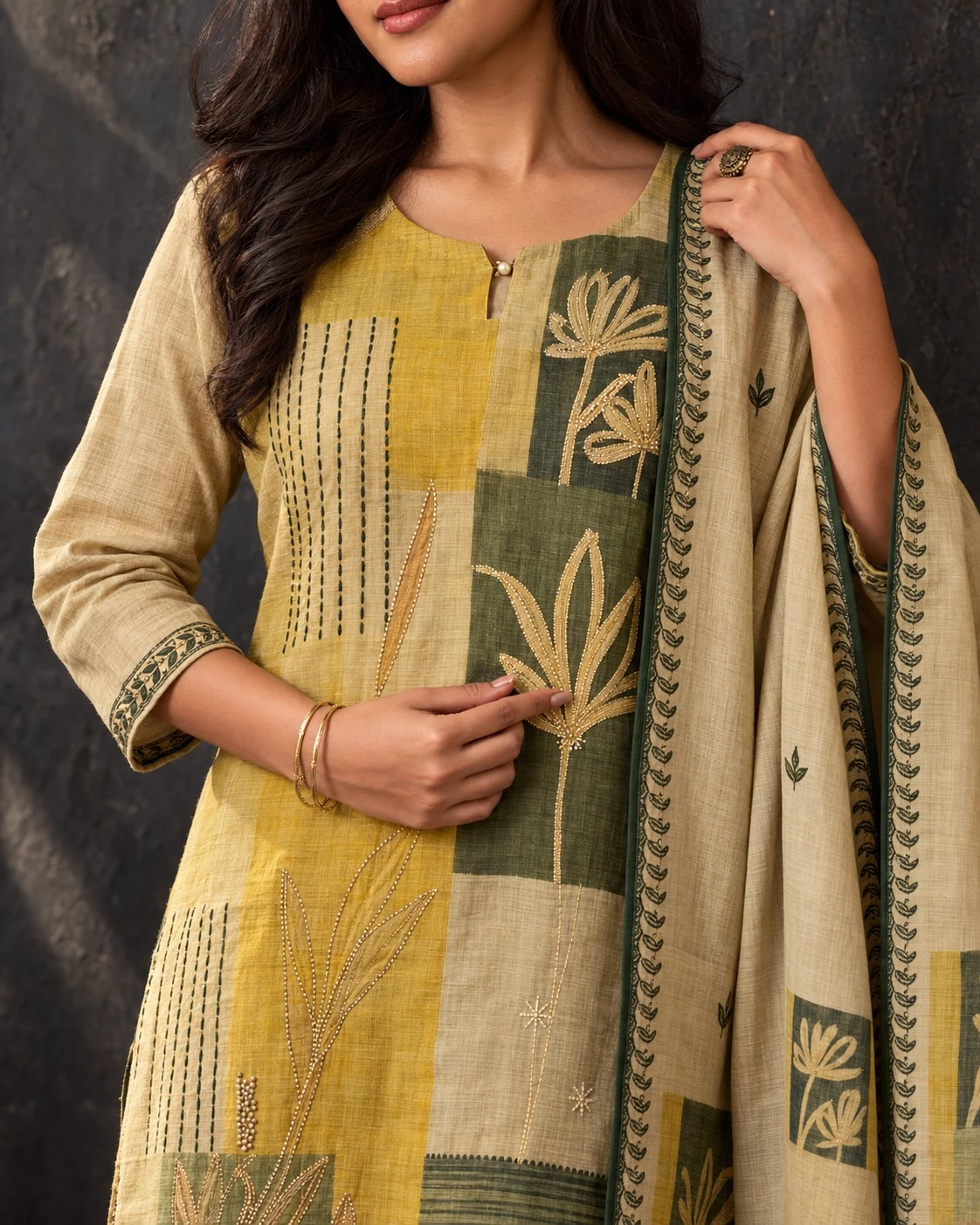 Mustard Colorblock Botanical Embroidered Pure Linen Kurta Set with Pants and Dupatta — view 4