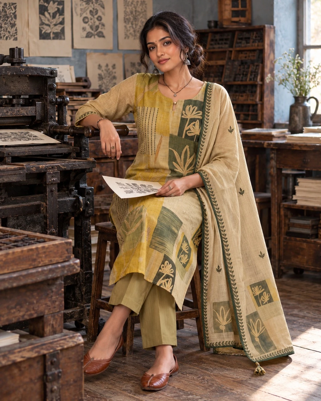Mustard Colorblock Botanical Embroidered Pure Linen Kurta Set with Pants and Dupatta — view 5