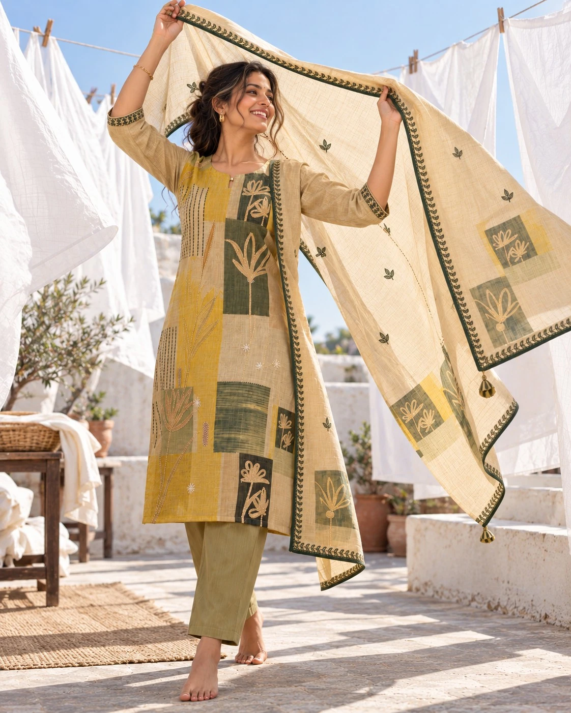 Mustard Colorblock Botanical Embroidered Pure Linen Kurta Set with Pants and Dupatta — view 2