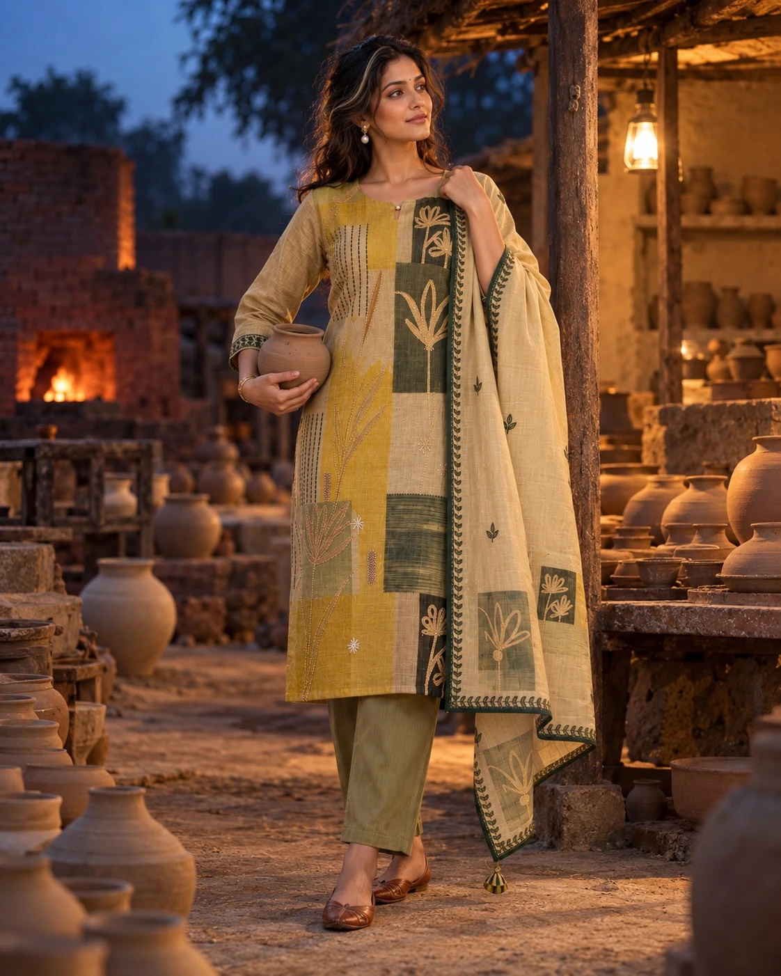 Mustard Colorblock Botanical Embroidered Pure Linen Kurta Set with Pants and Dupatta