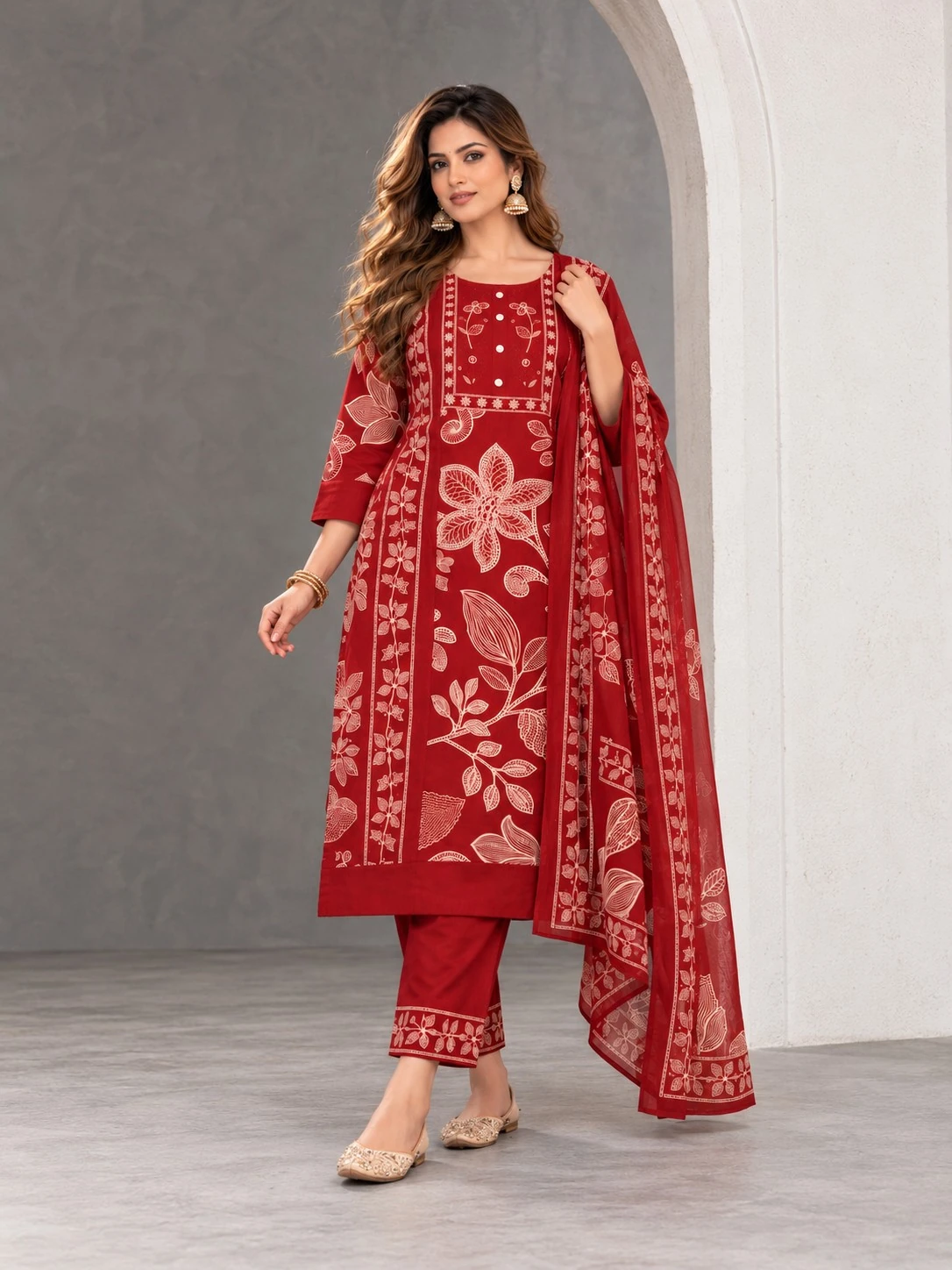 Red Botanical Print Pure Cotton Kurta Set with Embroidered Yoke