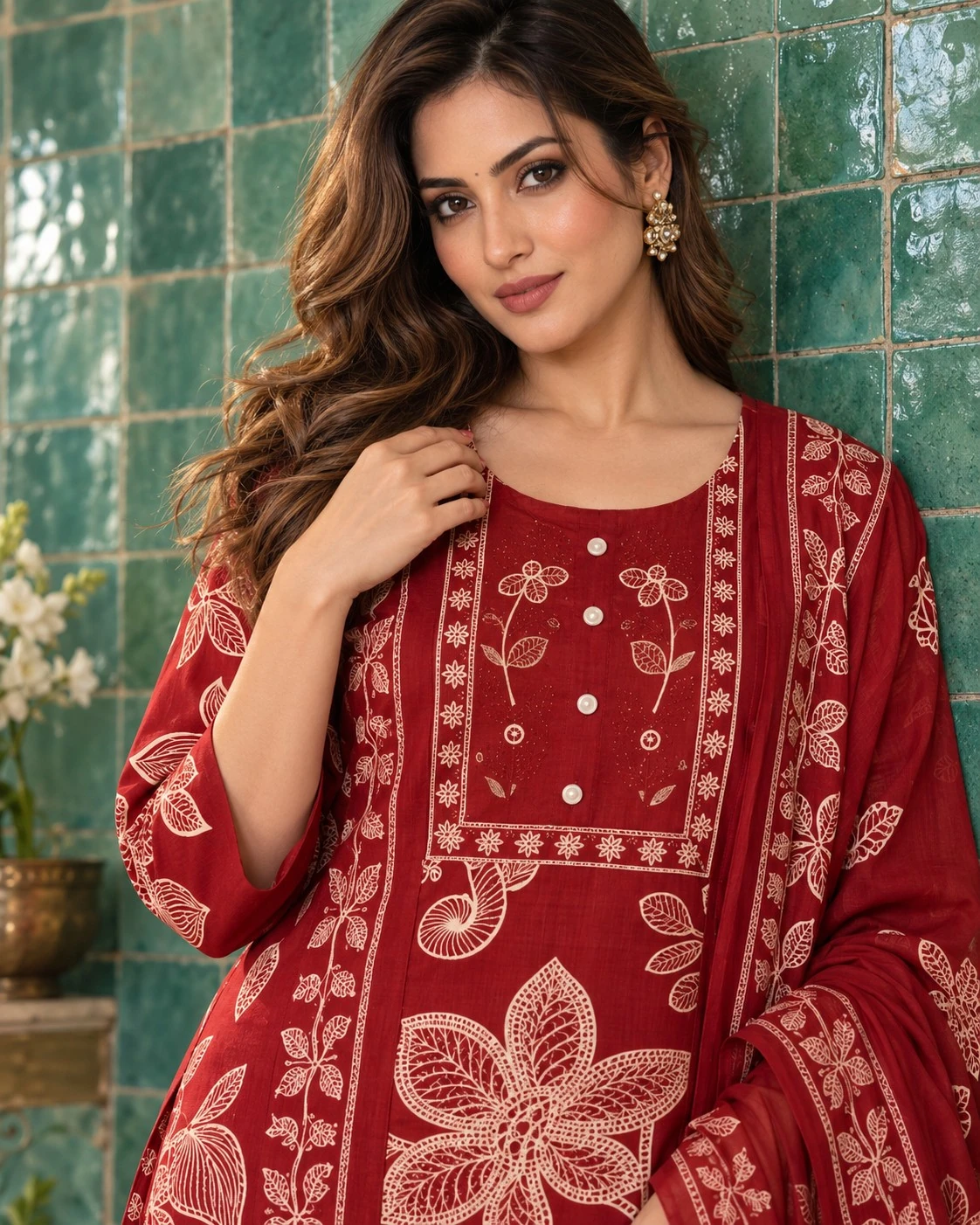 Red Botanical Print Pure Cotton Kurta Set with Embroidered Yoke — view 2