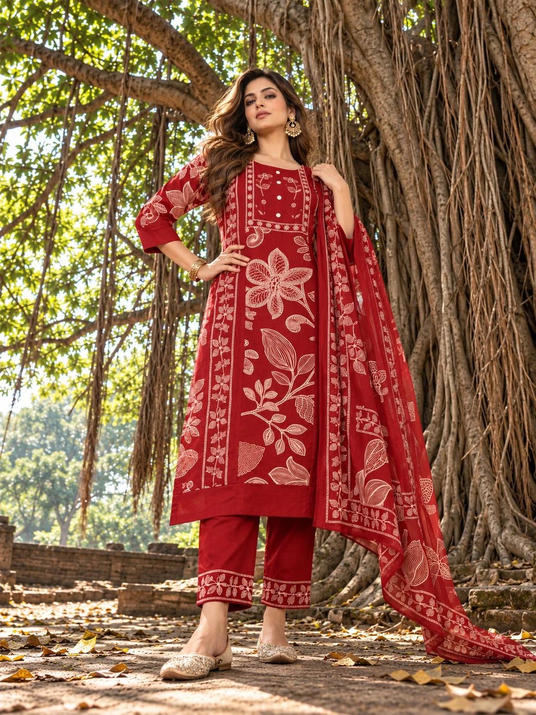 Red Botanical Print Pure Cotton Kurta Set with Embroidered Yoke — view 3
