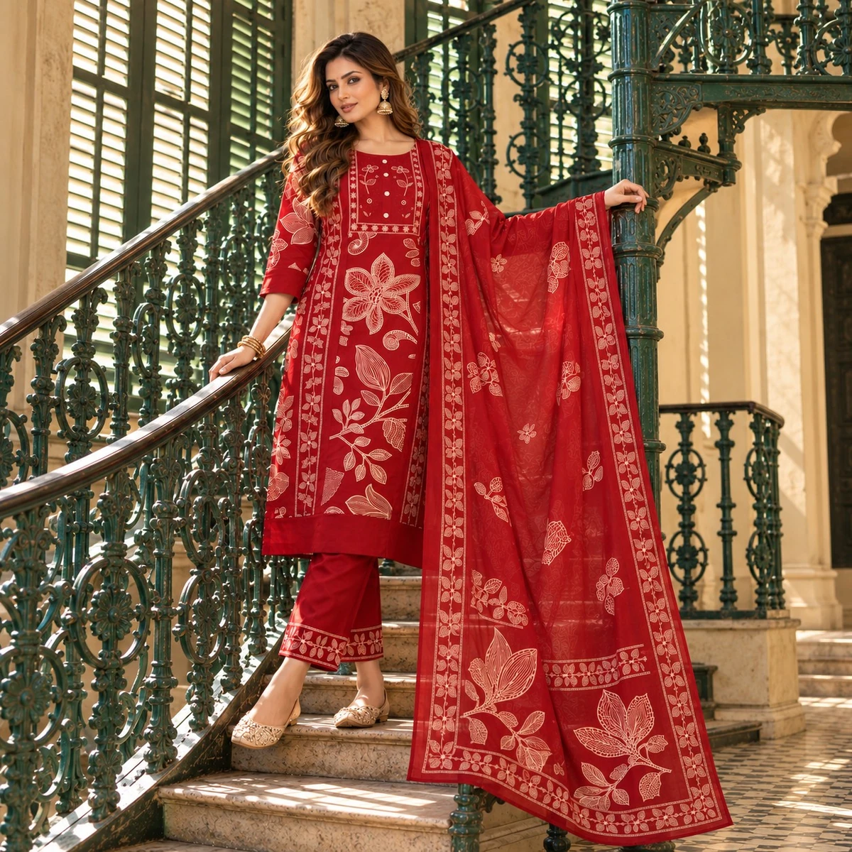Red Botanical Print Pure Cotton Kurta Set with Embroidered Yoke — view 5