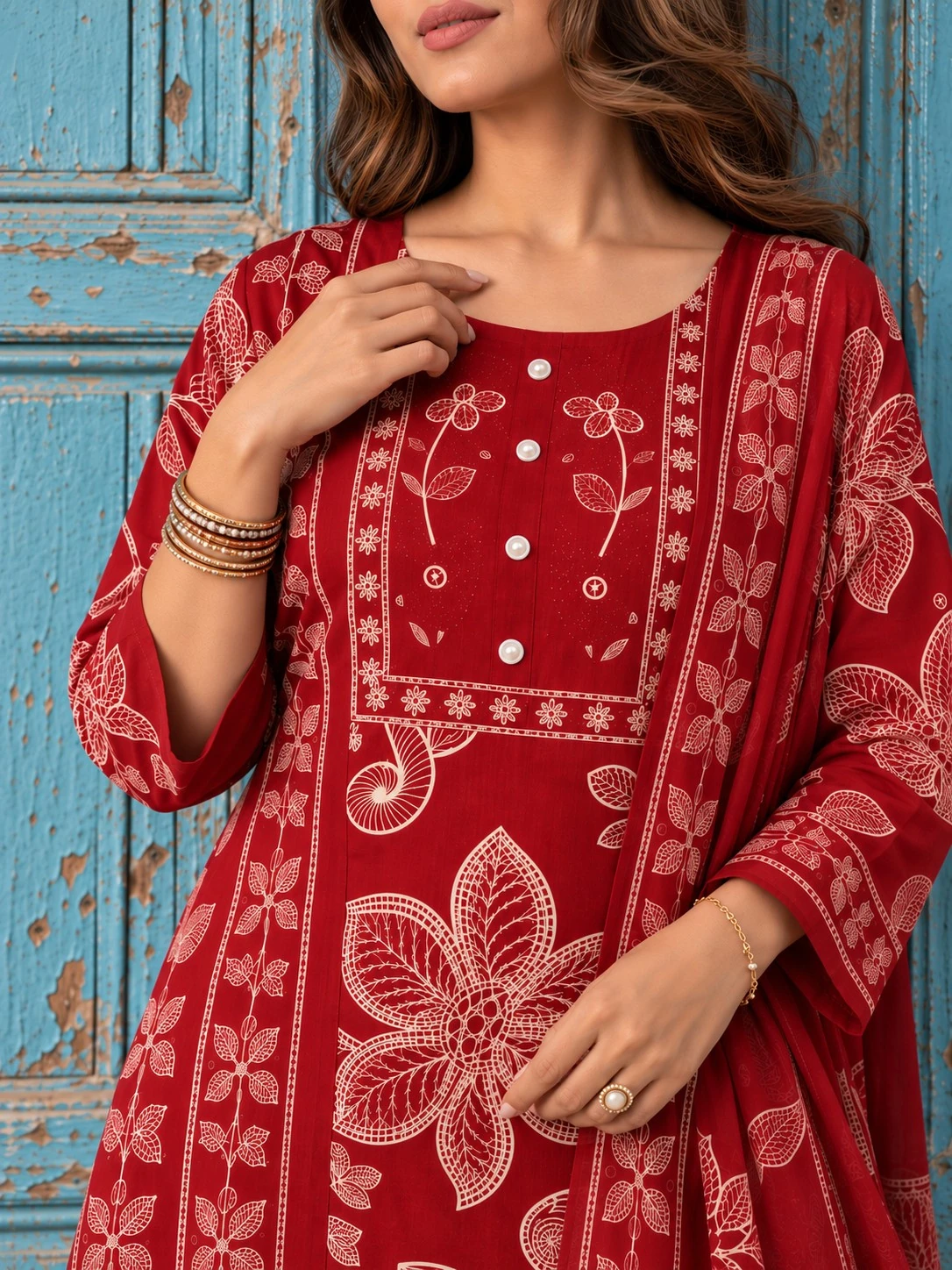 Red Botanical Print Pure Cotton Kurta Set with Embroidered Yoke — view 6