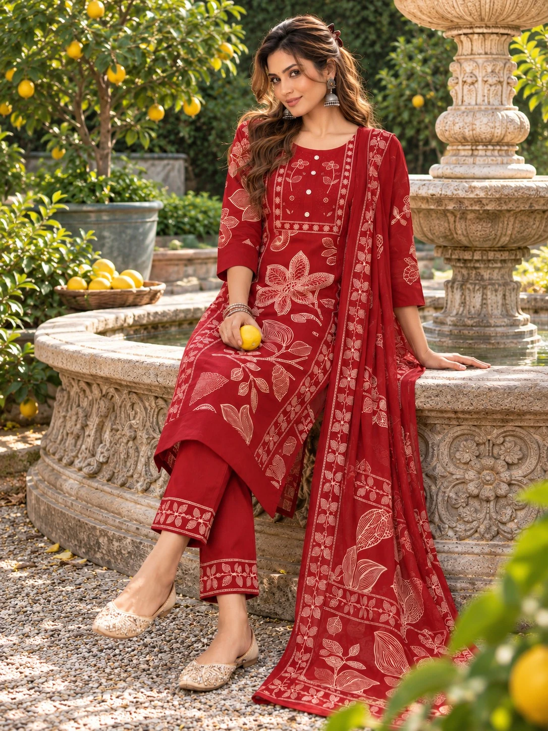 Red Botanical Print Pure Cotton Kurta Set with Embroidered Yoke — view 7