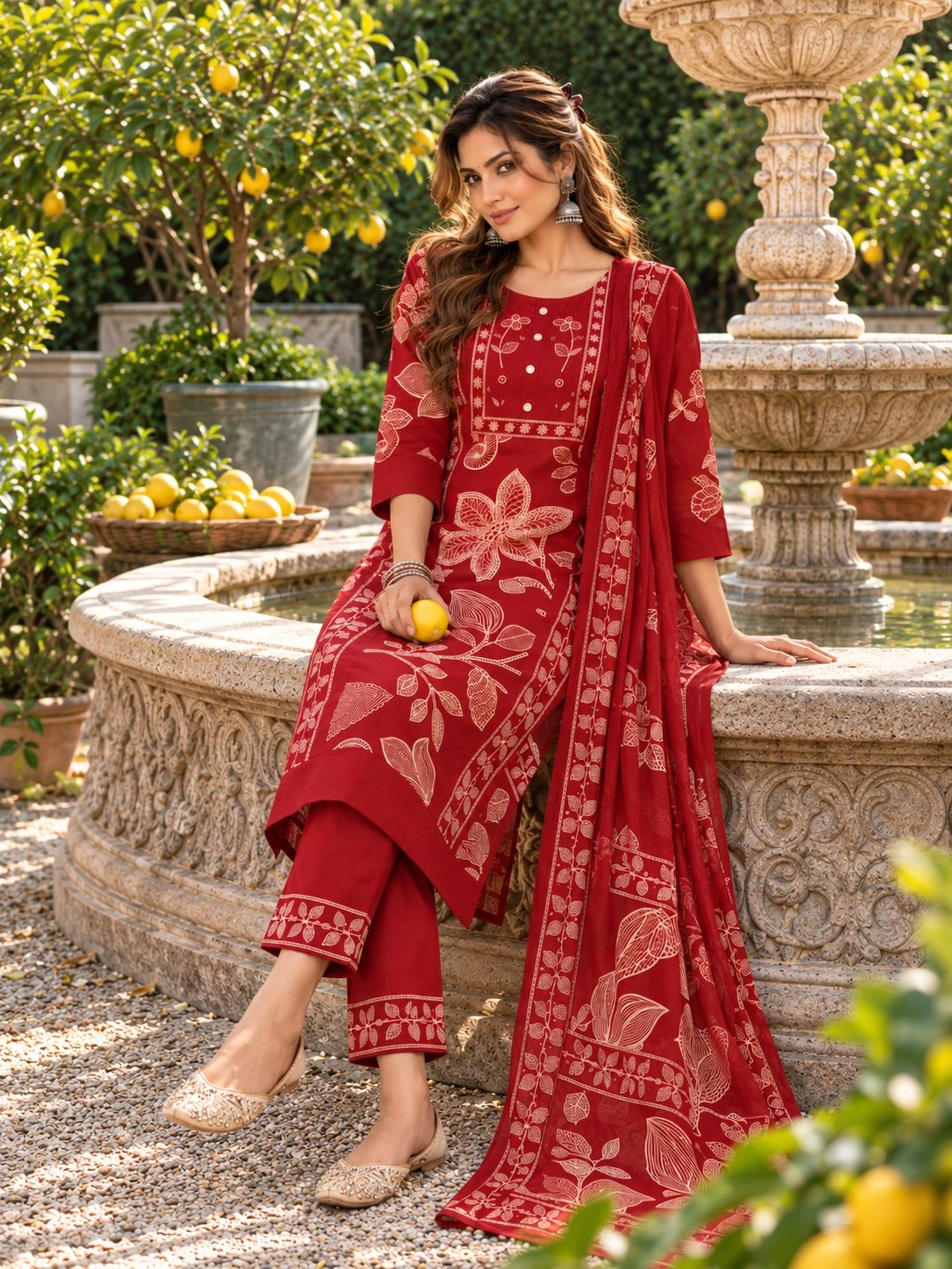 Red Botanical Print Pure Cotton Kurta Set with Embroidered Yoke — view 8