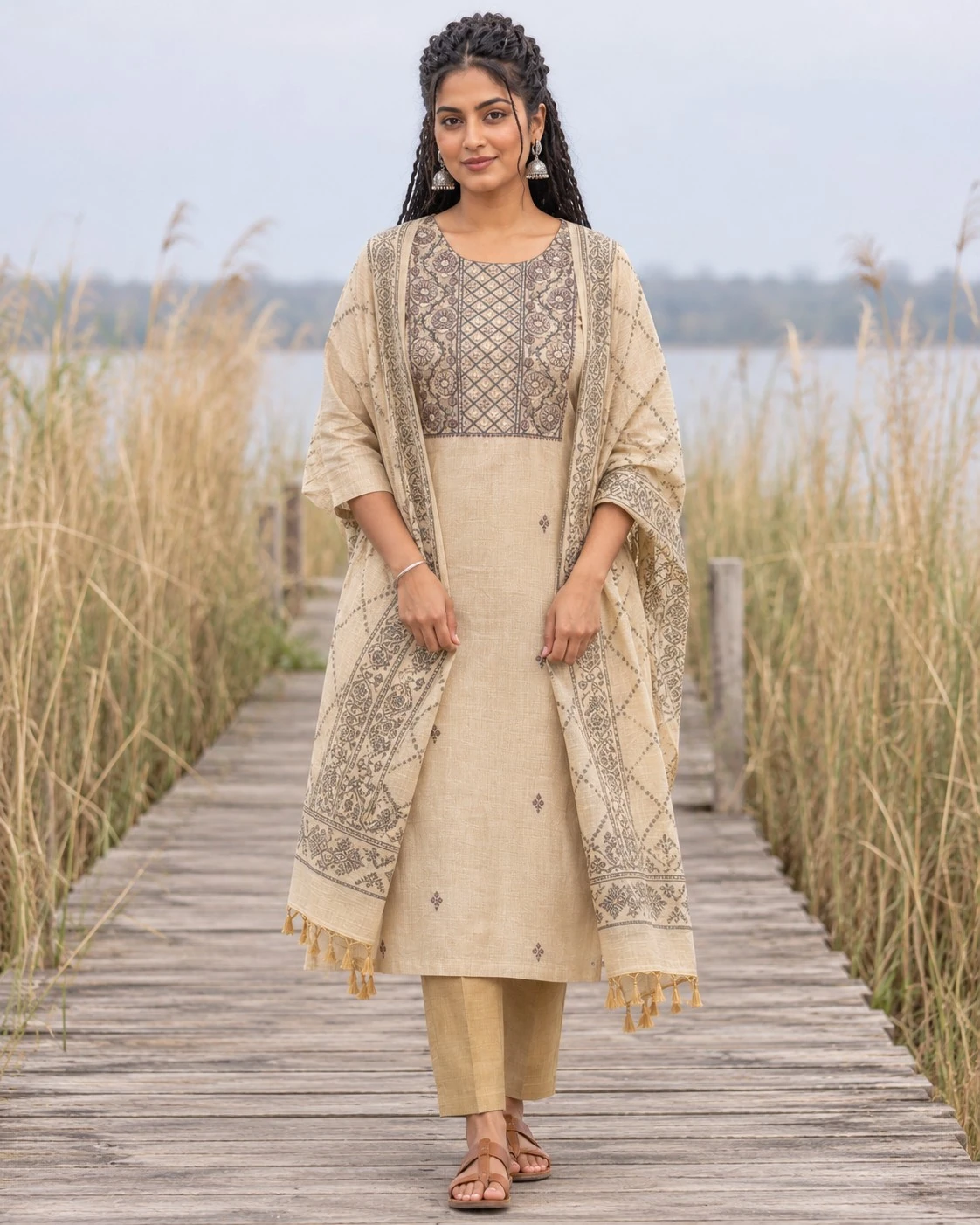 Beige Floral Embroidered Yoke Pure Linen Kurta Set with Sequin Work