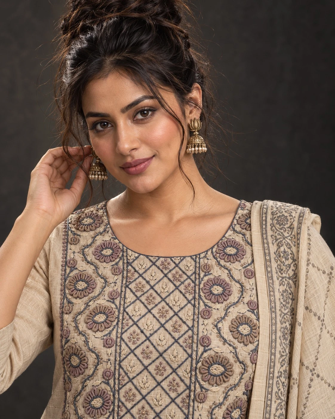 Beige Floral Embroidered Yoke Pure Linen Kurta Set with Sequin Work — view 2