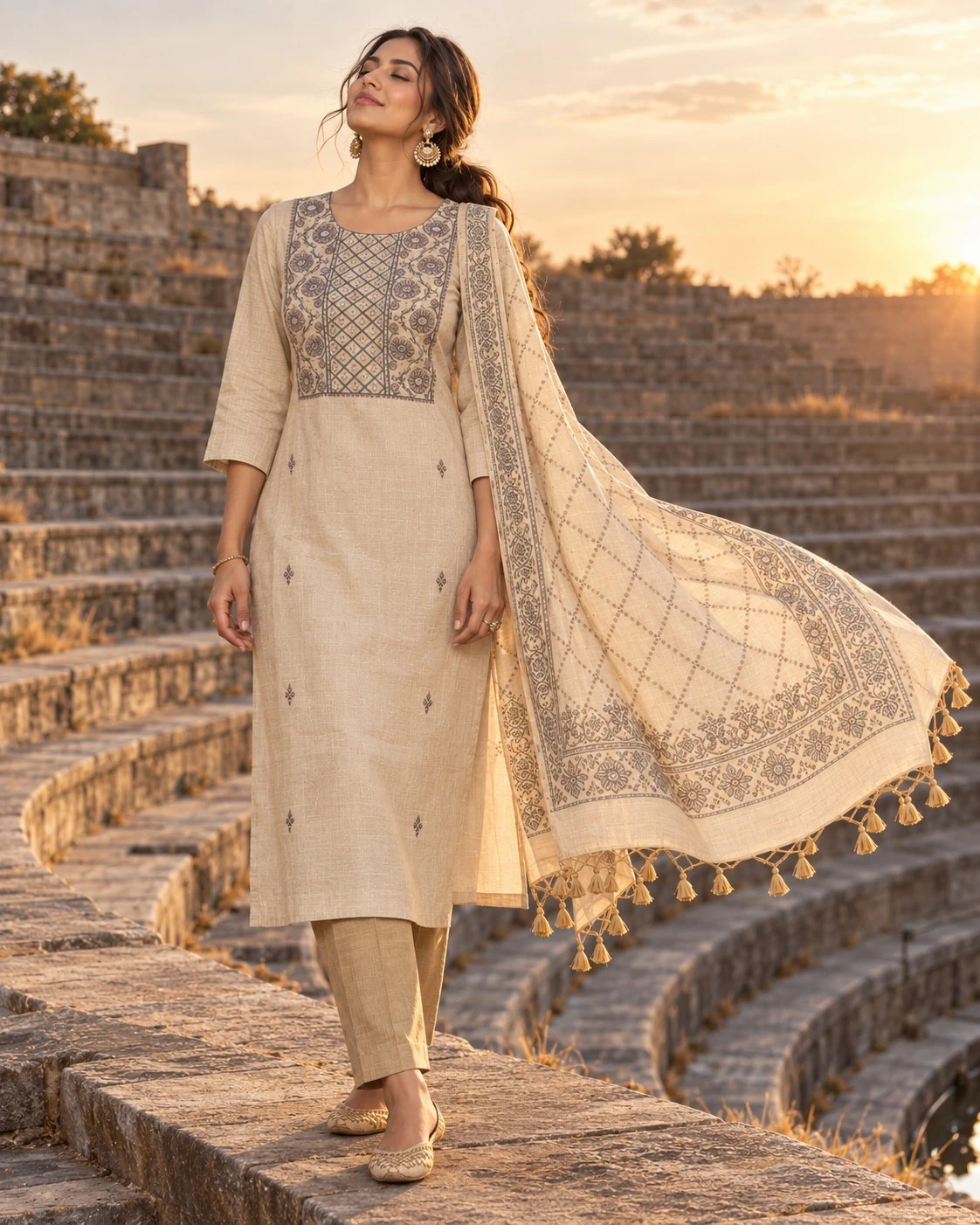 Beige Floral Embroidered Yoke Pure Linen Kurta Set with Sequin Work — view 7