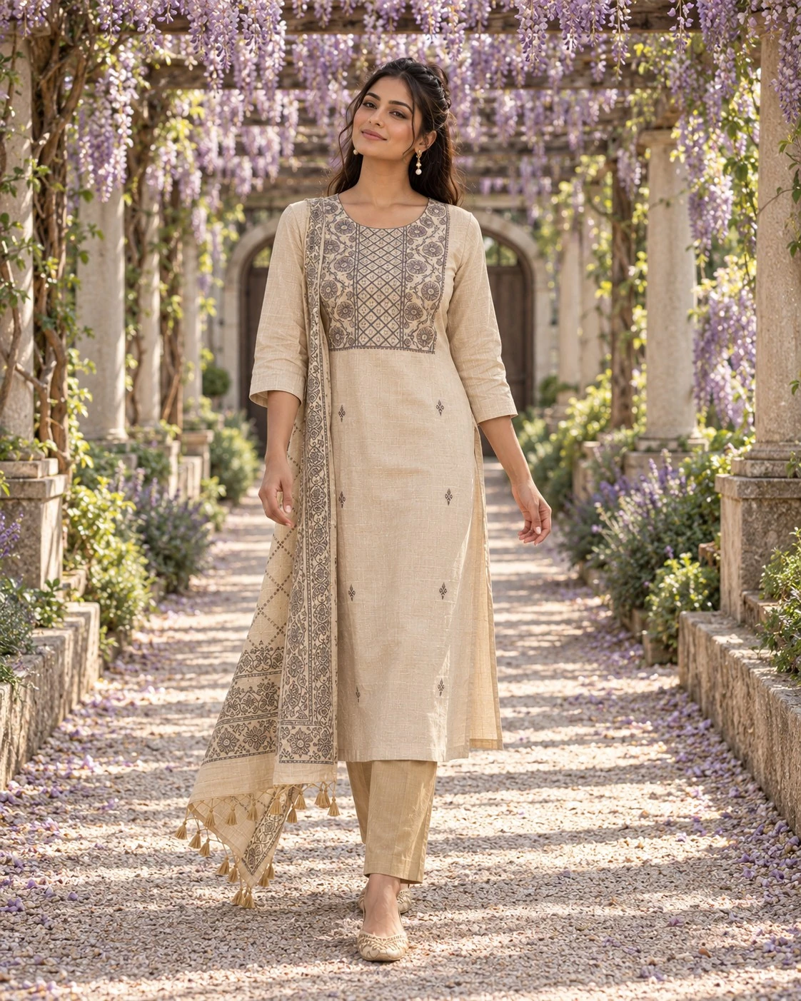 Beige Floral Embroidered Yoke Pure Linen Kurta Set with Sequin Work — view 5