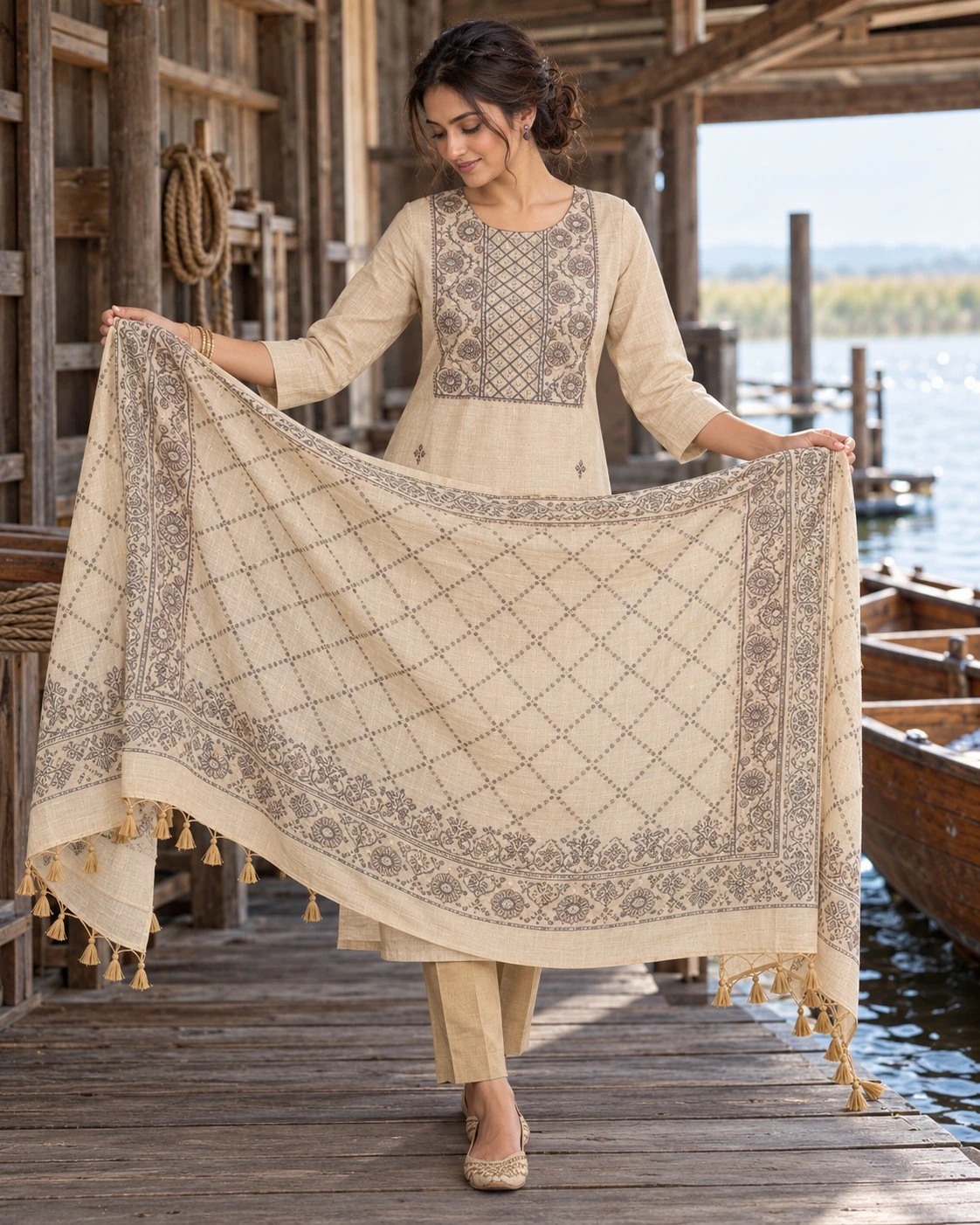 Beige Floral Embroidered Yoke Pure Linen Kurta Set with Sequin Work — view 4