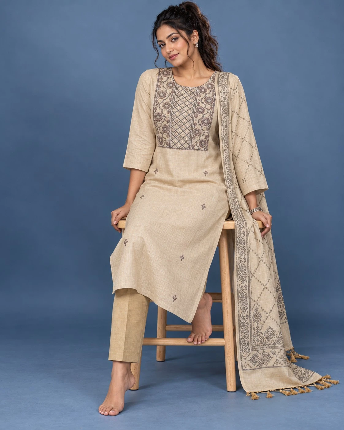 Beige Floral Embroidered Yoke Pure Linen Kurta Set with Sequin Work — view 3