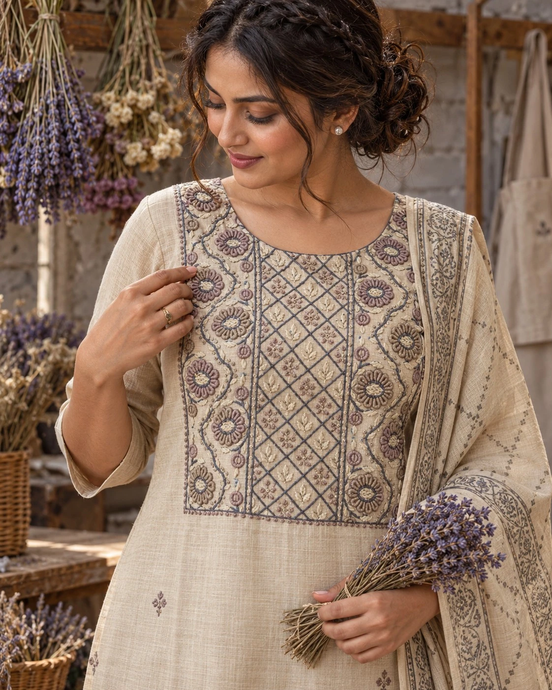 Beige Floral Embroidered Yoke Pure Linen Kurta Set with Sequin Work — view 6