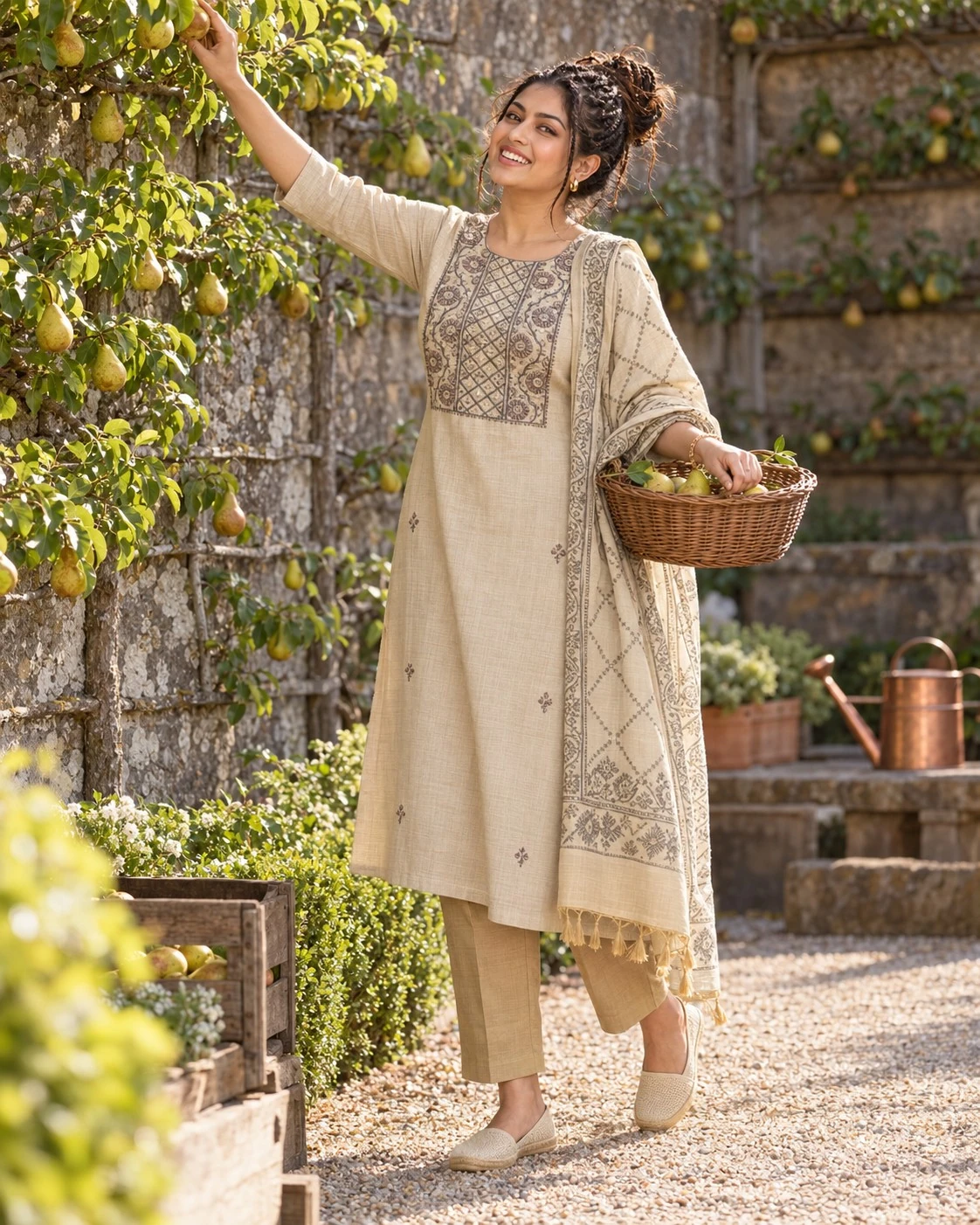 Beige Floral Embroidered Yoke Pure Linen Kurta Set with Sequin Work — view 8