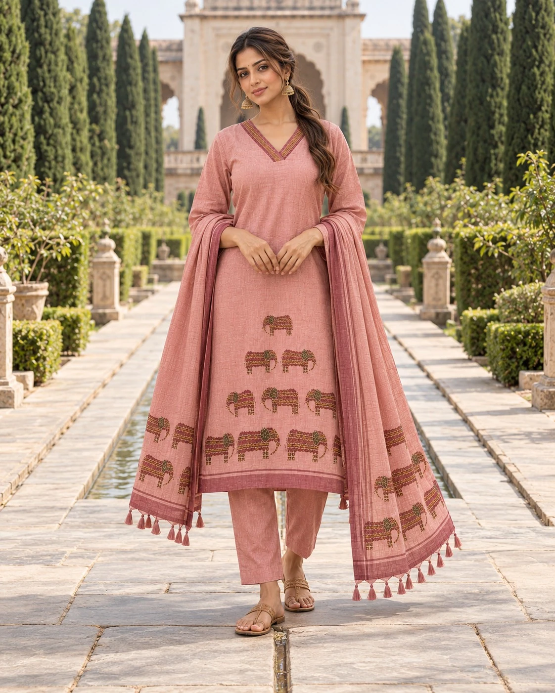 Dusty Pink Hand-Embroidered Elephant Motif Pure Linen Kurta Set