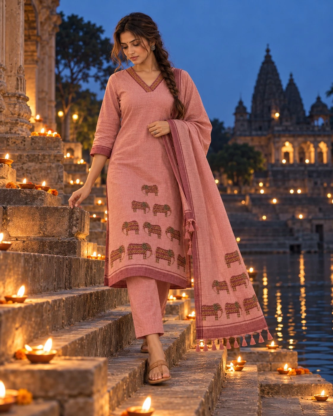 Dusty Pink Hand-Embroidered Elephant Motif Pure Linen Kurta Set — view 6