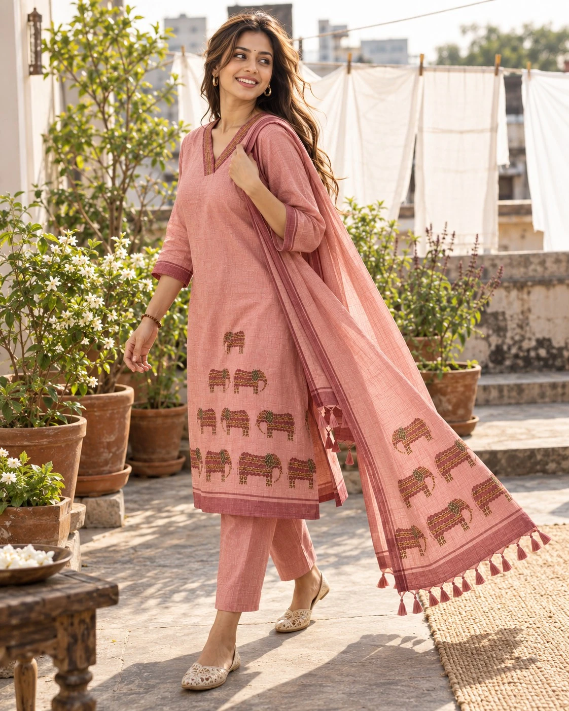 Dusty Pink Hand-Embroidered Elephant Motif Pure Linen Kurta Set — view 7