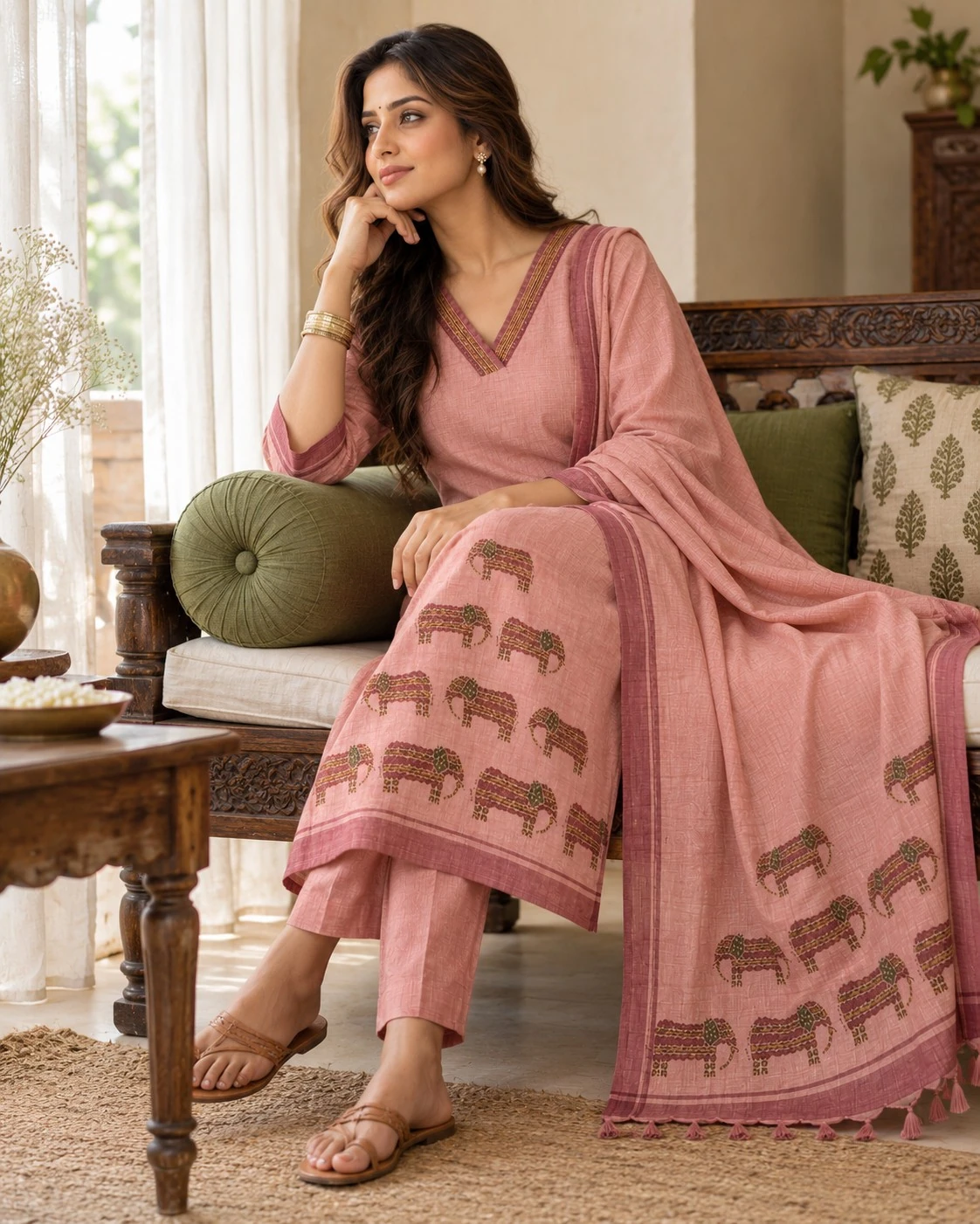 Dusty Pink Hand-Embroidered Elephant Motif Pure Linen Kurta Set — view 3