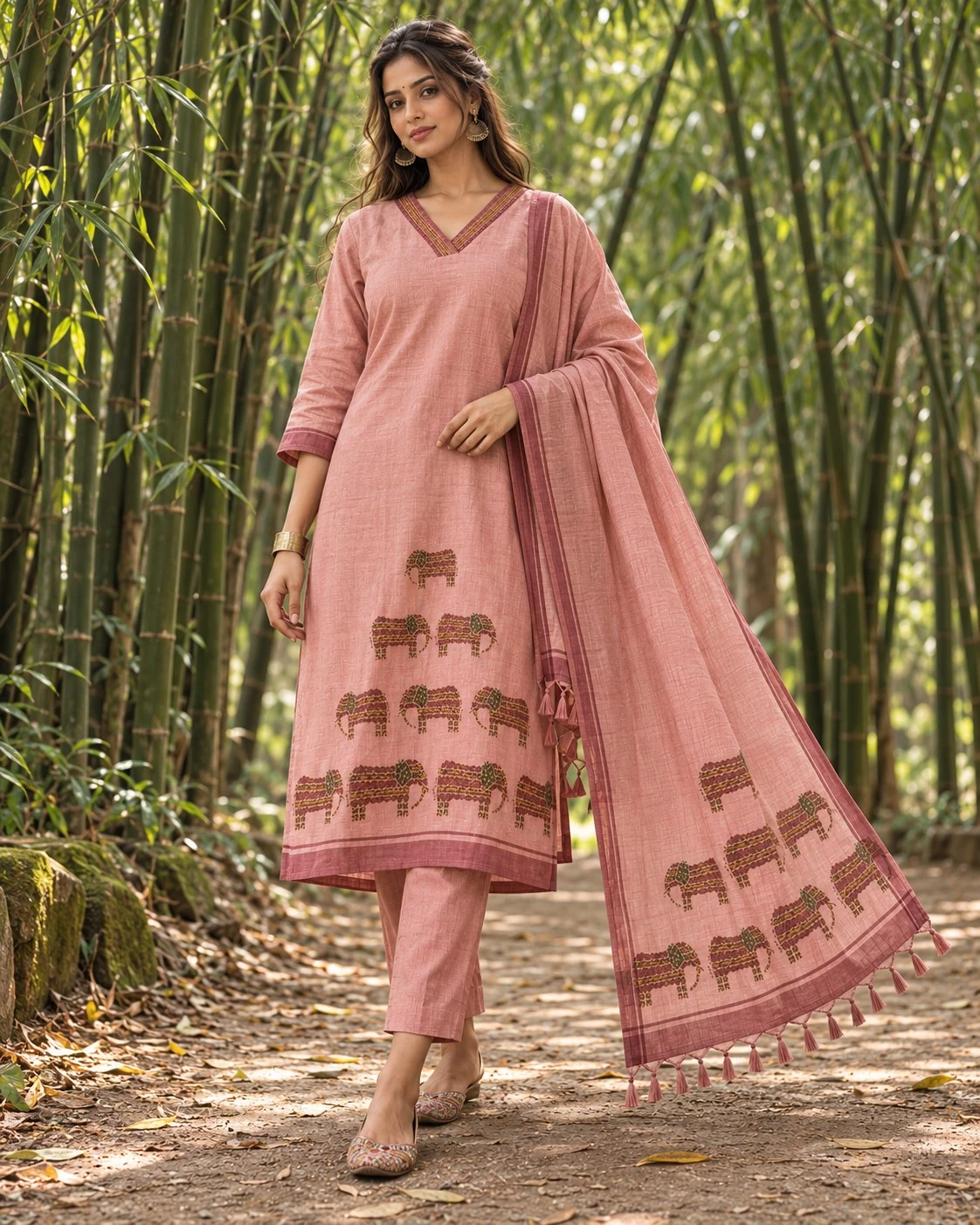Dusty Pink Hand-Embroidered Elephant Motif Pure Linen Kurta Set — view 8