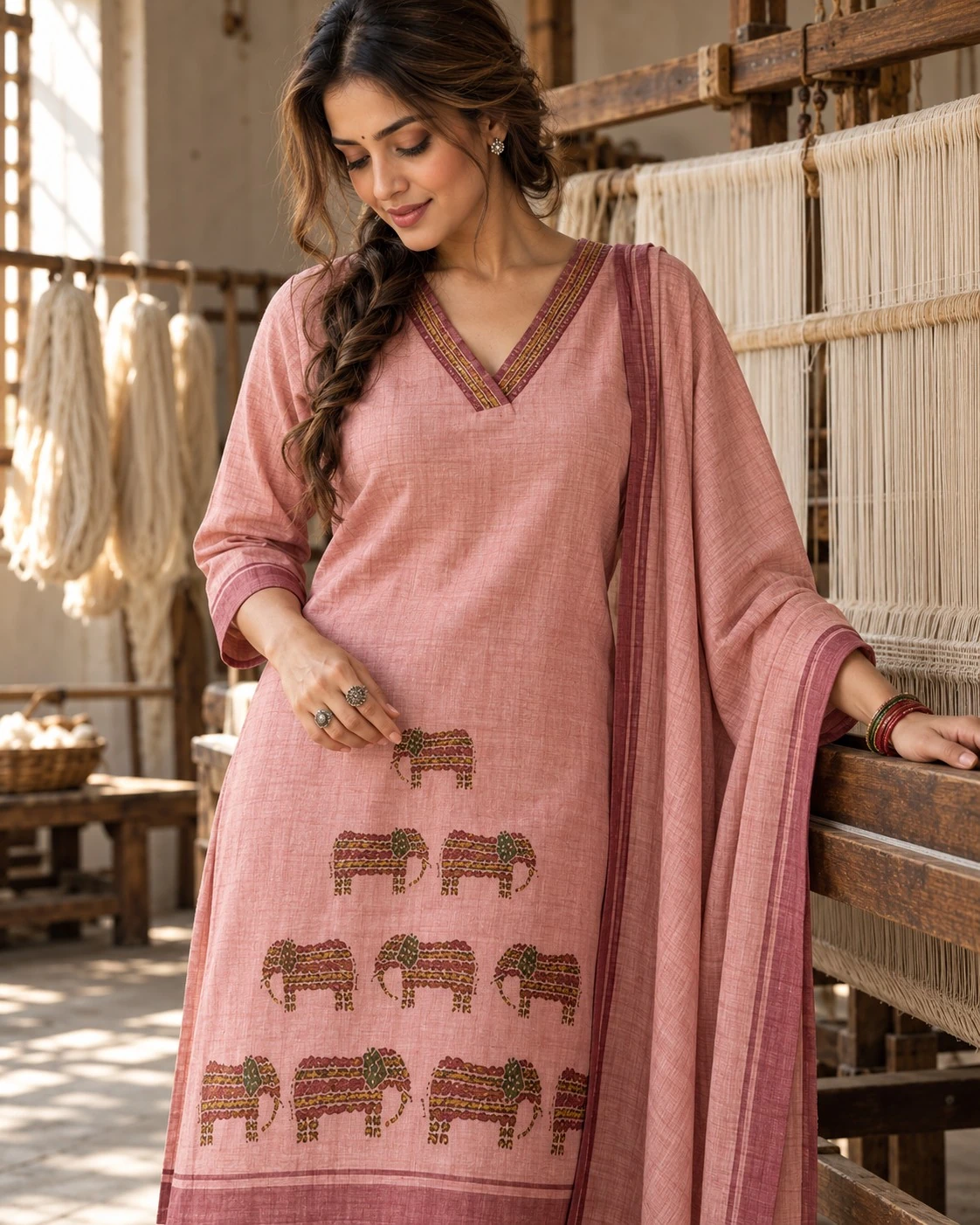 Dusty Pink Hand-Embroidered Elephant Motif Pure Linen Kurta Set — view 9