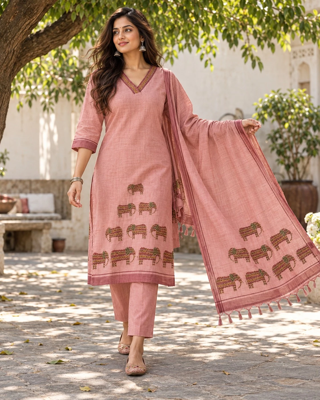 Dusty Pink Hand-Embroidered Elephant Motif Pure Linen Kurta Set — view 4