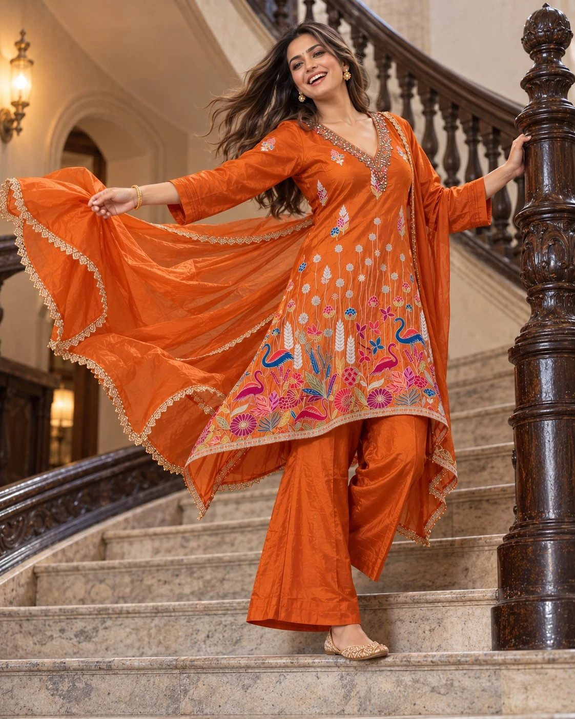 Rust Orange Mirror-Embellished Floral Kurta Palazzo Set