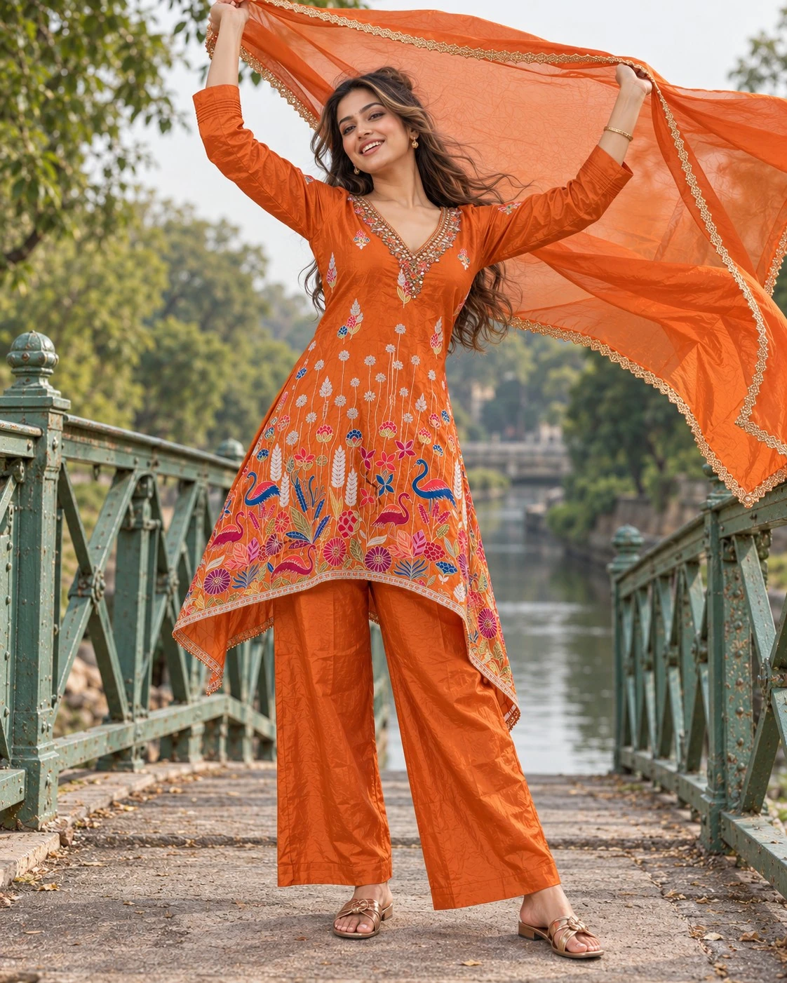 Rust Orange Mirror-Embellished Floral Kurta Palazzo Set — view 4
