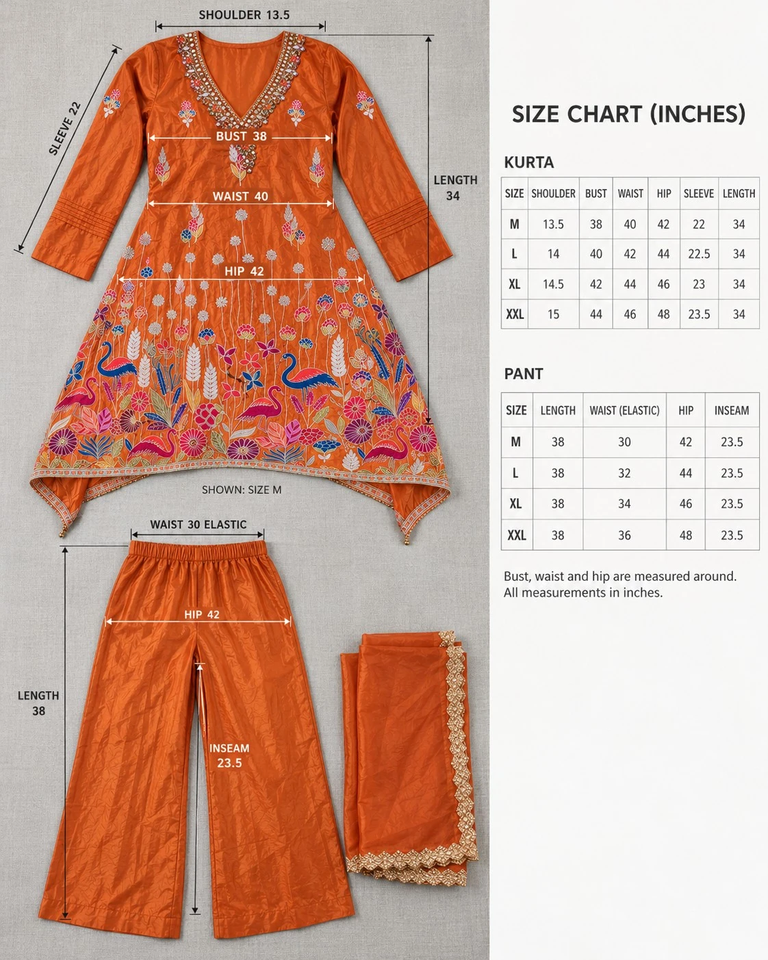 Rust Orange Mirror-Embellished Floral Kurta Palazzo Set — view 5