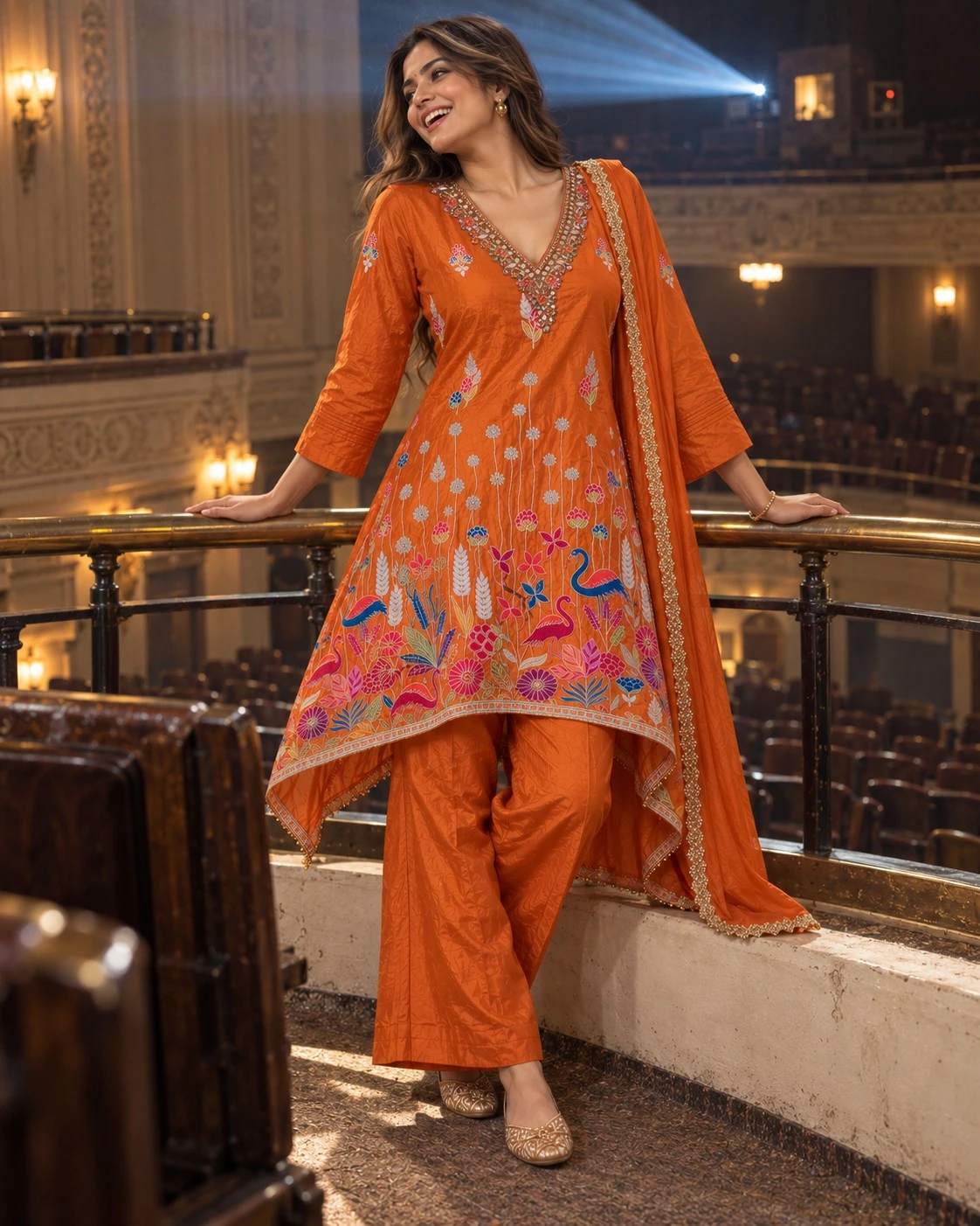 Rust Orange Mirror-Embellished Floral Kurta Palazzo Set — view 6
