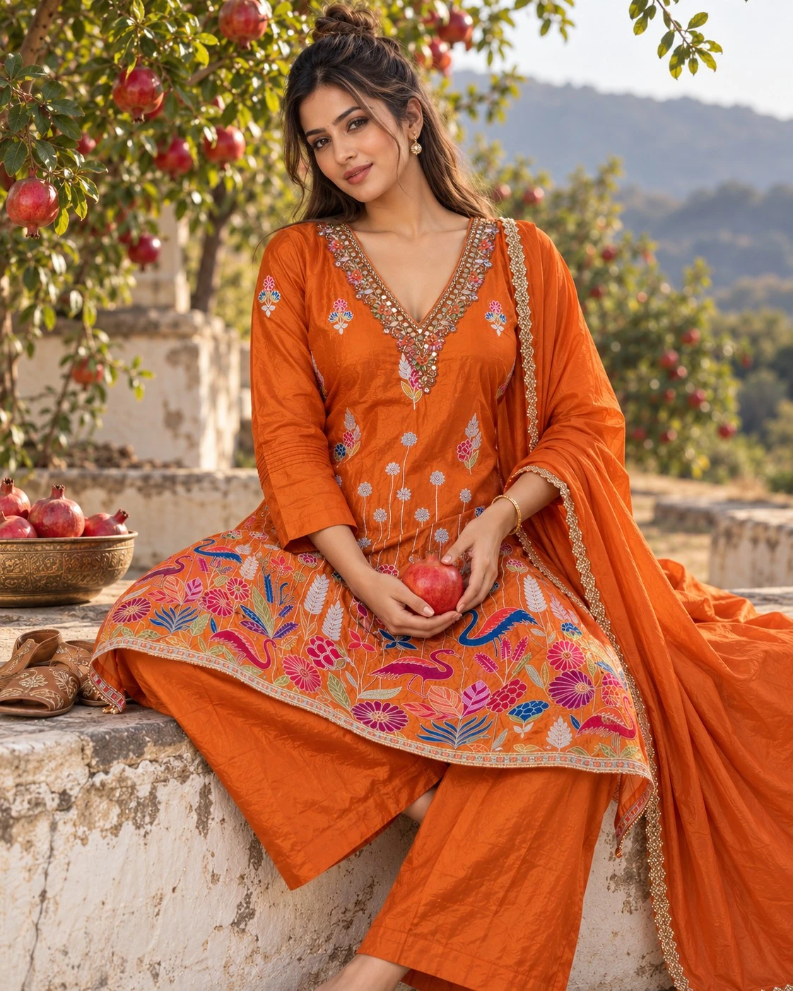 Rust Orange Mirror-Embellished Floral Kurta Palazzo Set — view 3