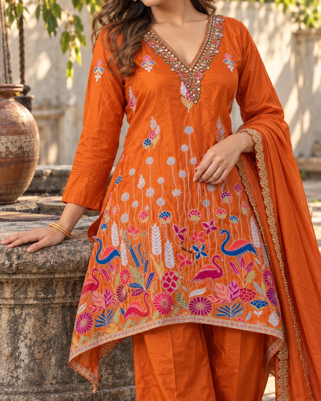 Rust Orange Mirror-Embellished Floral Kurta Palazzo Set — view 7