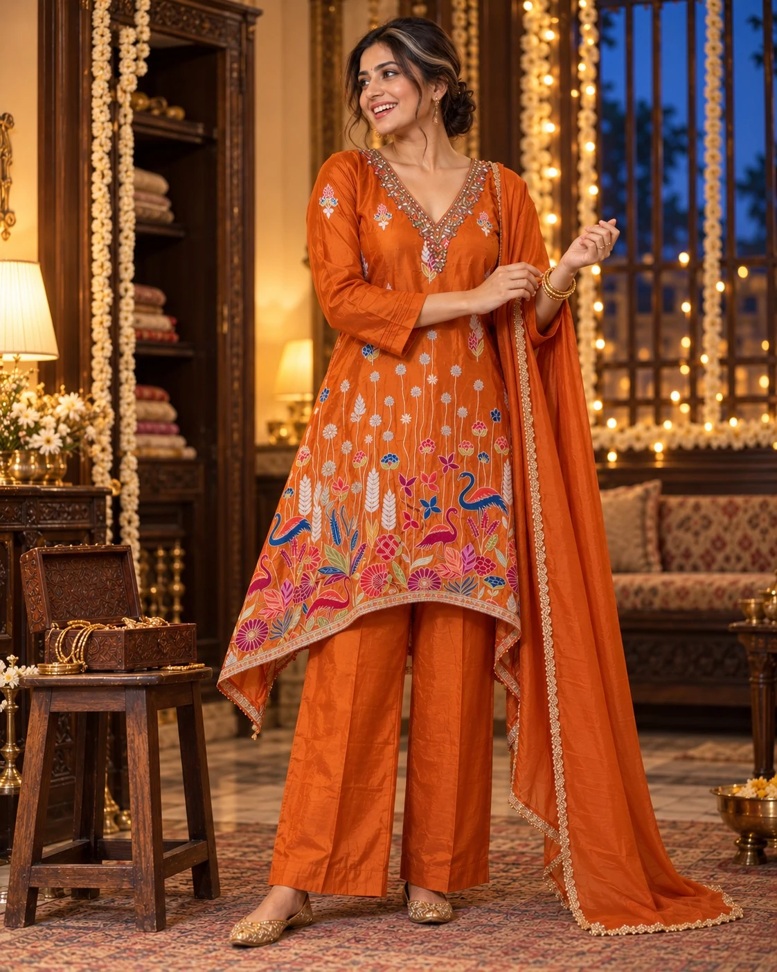 Rust Orange Mirror-Embellished Floral Kurta Palazzo Set — view 8